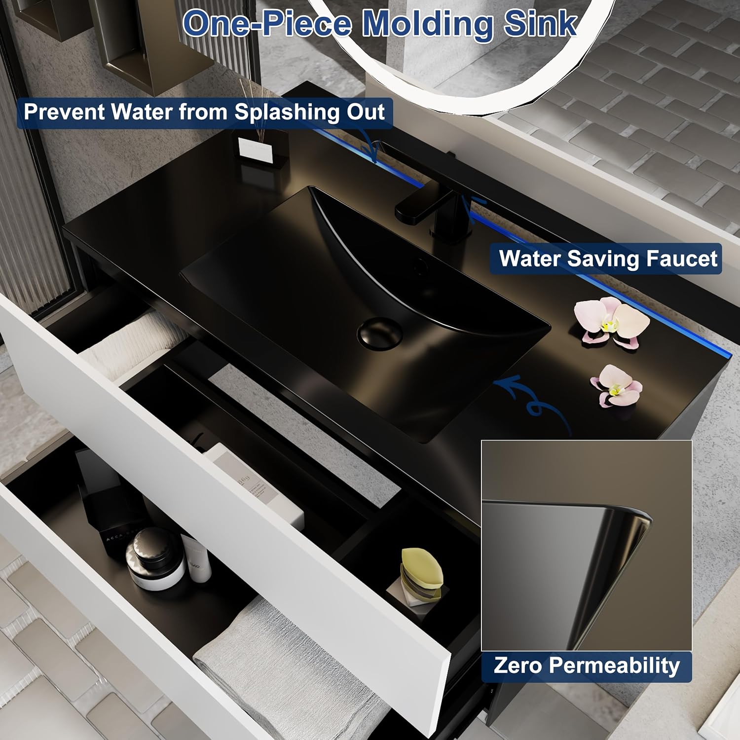 eclife 36' Bathroom Vanity Cabinet with Undermount Black Sink Combo, Wall Mounted Floating Bathroom Cabinet with Colors Mixed Style, 2 Big Drawers & Matte Black Faucet