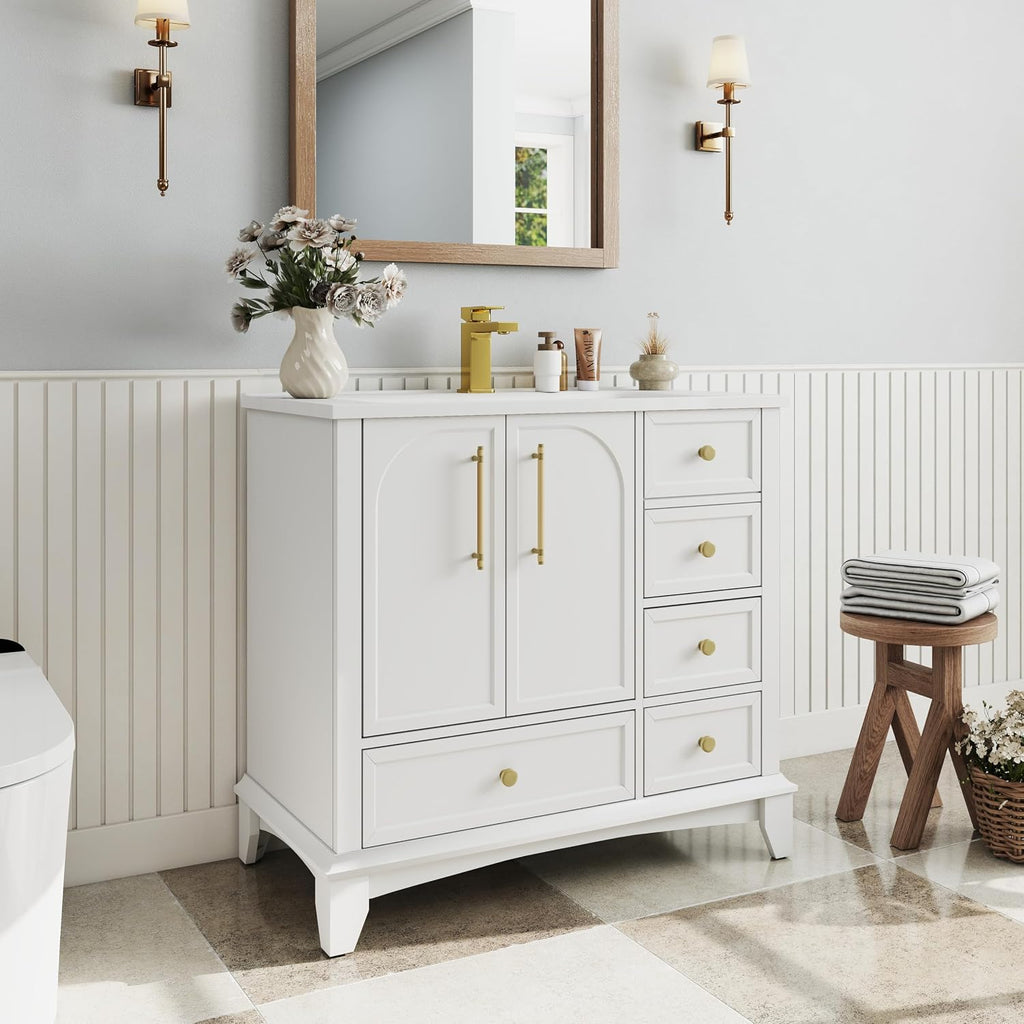 36 inch Bathroom Vanity with Sink Combo, Mid Century Modern Freestanding Bathroom Cabinet with Integrated Ceramic Sink, 4 Storage Drawers, 2 Soft Closed Doors, Adjustable Shelves, Golden Handle, White