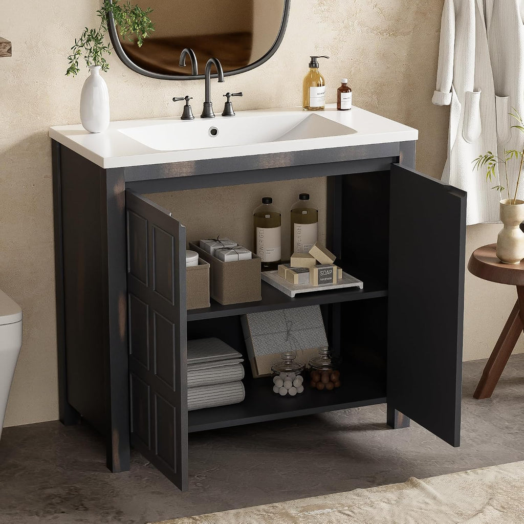 SOFTSEA 36' Bathroom Vanity with Sink Combo, Single Sink Bathroom Vanity with Soft-Close Doors, Solid Wood Frame Bathroom Cabinet, Resin Basin, Easy Assembly, Espresso