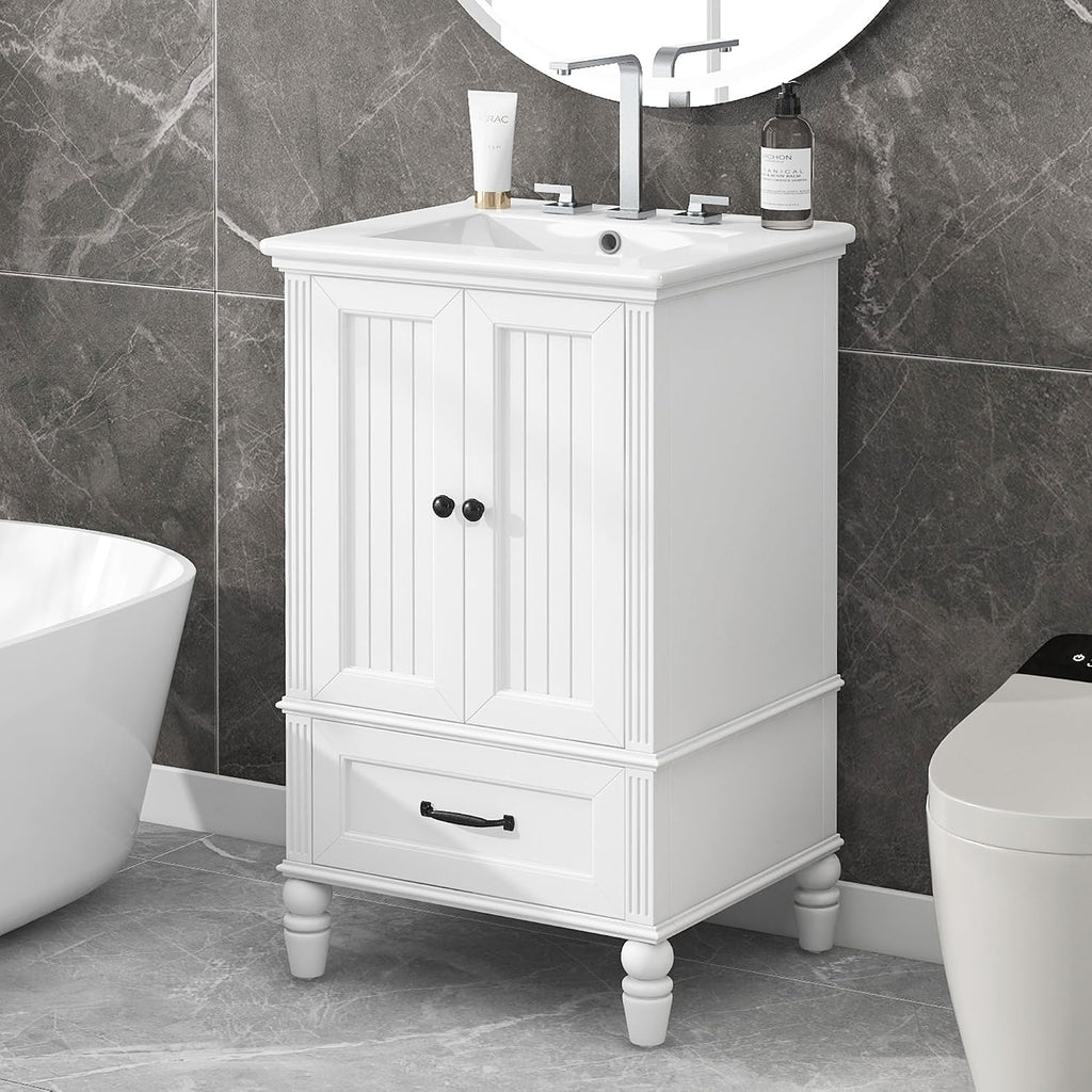 VilroCaz 20' Bathroom Vanity with Sink, Freestanding Bathroom Storage Cabinet with 2 Doors, a Drawer, Magnetic Door Stopper, Solid Wood Legs and Adjustable Foot Pads (White-10.10)