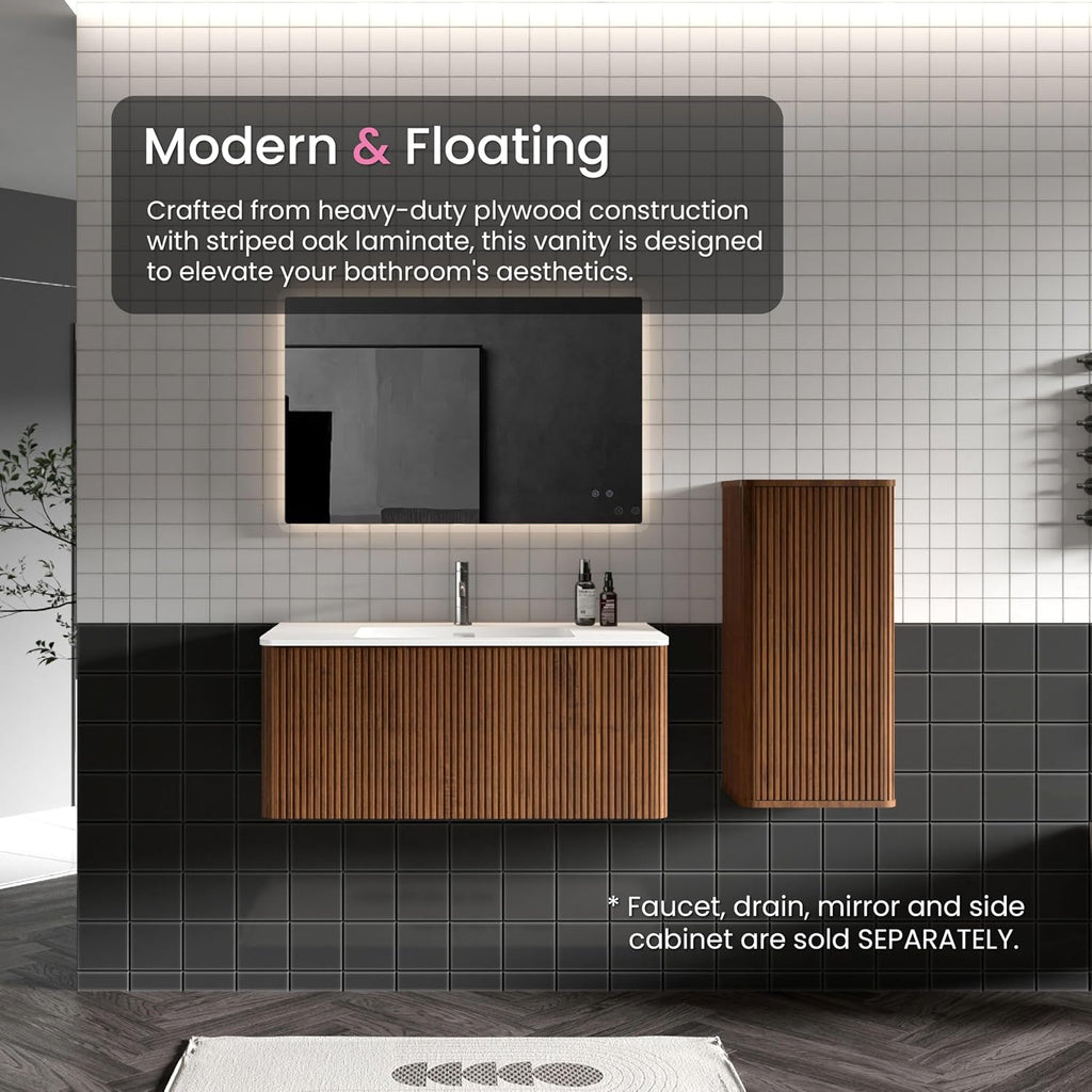 36' Bathroom Vanity with Sink, Modern Floating Vanity with Push Open Soft Close Drawer, Large Storage for Bathroom, Hotel, Walnut, Fully Assembled - Camellia Collection