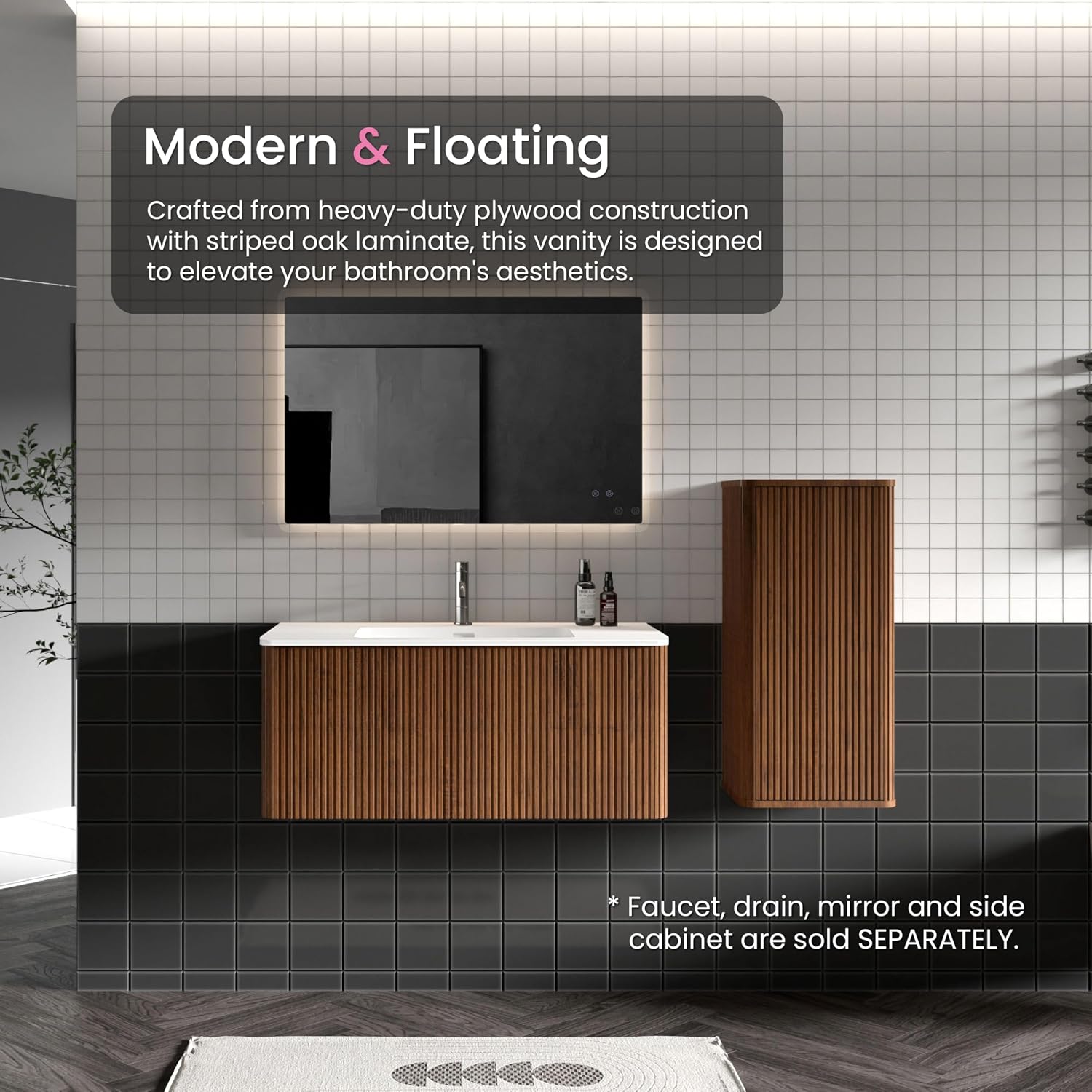 36' Bathroom Vanity with Sink, Modern Floating Vanity with Push Open Soft Close Drawer, Large Storage for Bathroom, Hotel, Walnut, Fully Assembled - Camellia Collection