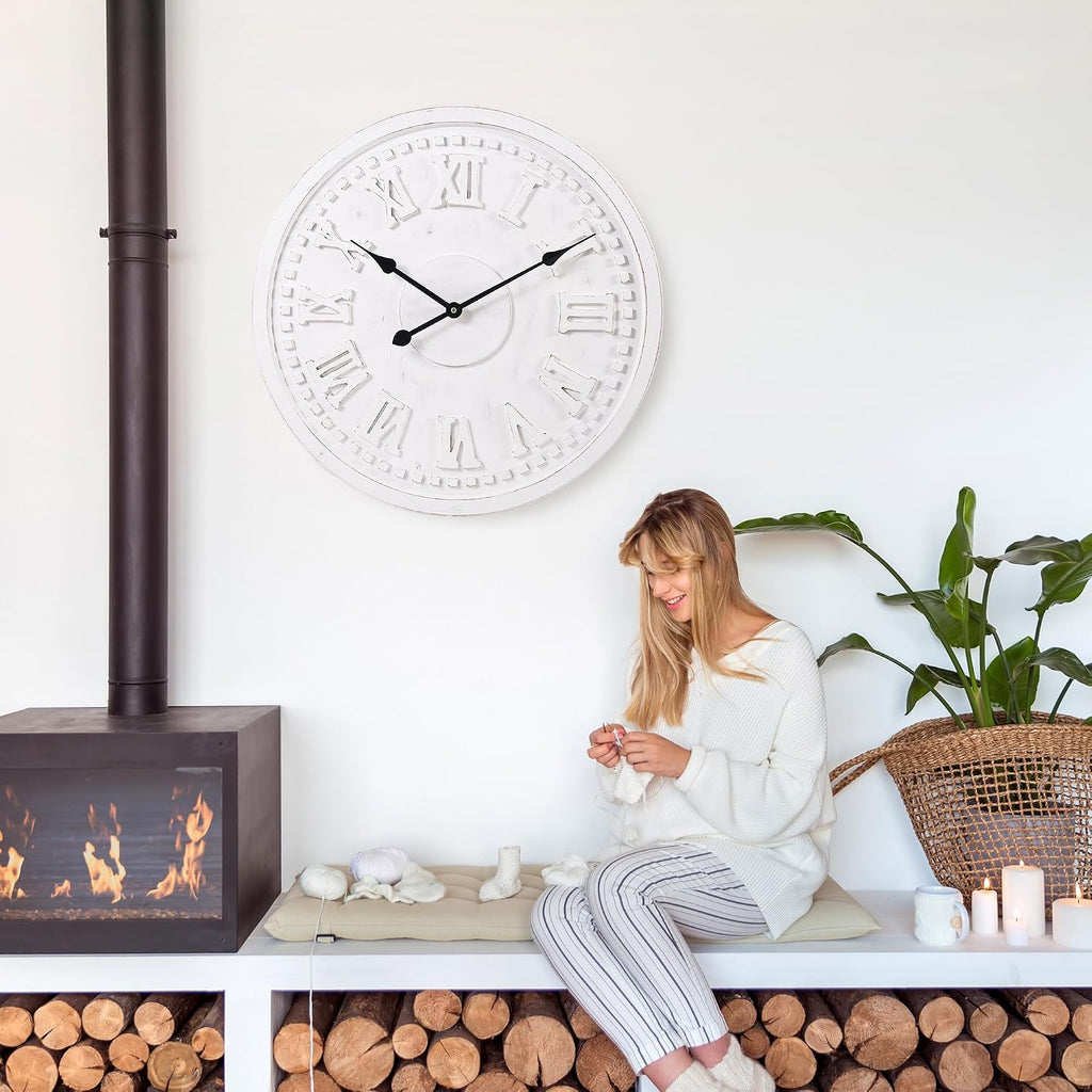 Vintage Wall Clock with Roman Numerals – 24', 30', 36' – Quartz Movement, Black Hands, Distressed Finish, MDF Wood Veneer – Elegant Home Decor