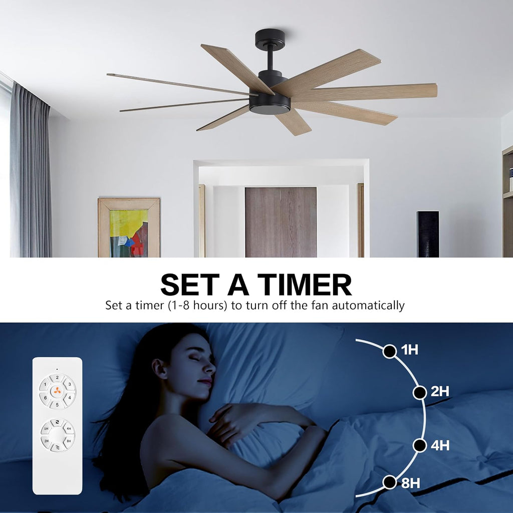 WINGBO 72' Large DC Ceiling Fans without Lights, 3 Downrods, 8 Plywood Blades, 6-Speeds Reversible DC Motor, Indoor Ceiling Fan No Lights for Bedroom Living Room Patio, Black and Gray