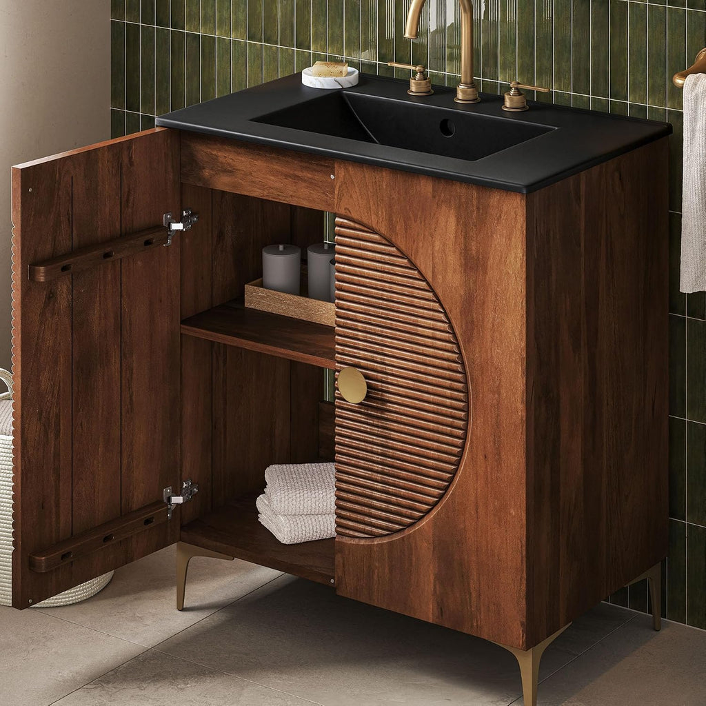Modway Vernon 30' Fluted Wood Bathroom Vanity in Walnut Black with Ceramic Sink – Mid-Century Modern Freestanding Vanity with Integrated Sink and Countertop