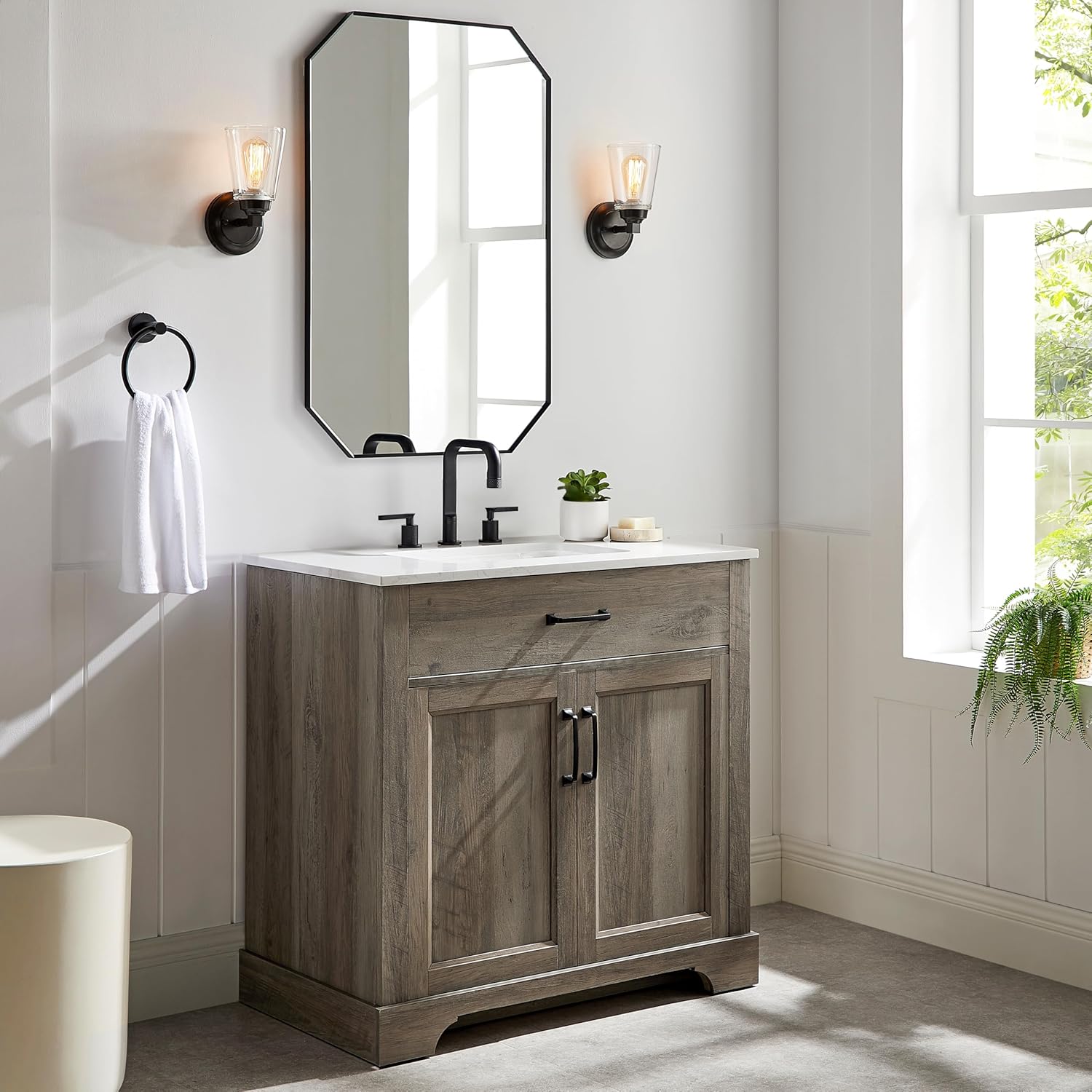 Mia Brown Grey Oak Wood 36-Inch Single Bathroom Vanity with Sink, Double Shaker Door Cabinet, Adjustable Shelf, Matte Black Handles, Pre-Drilled Marbled White Stone Top, Freestanding, Fully Assembled
