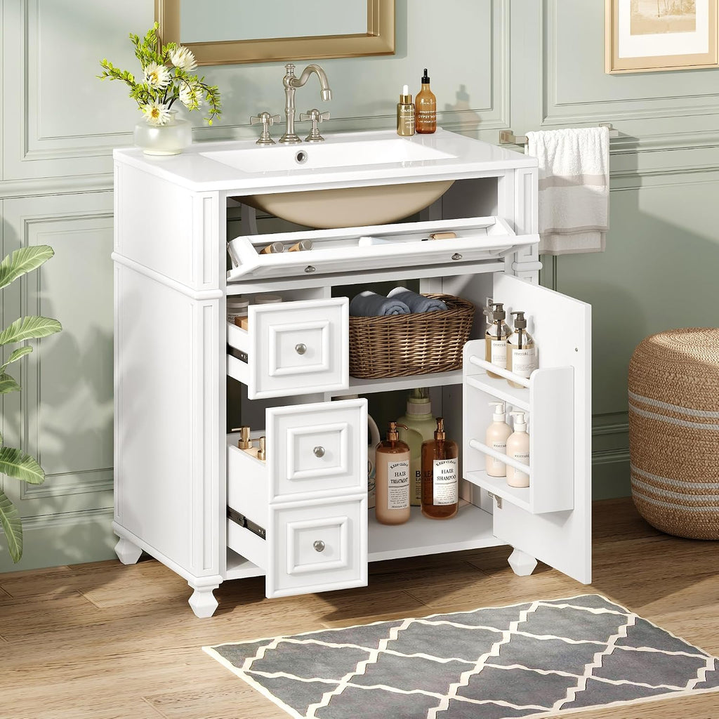 Merax 30' Bathroom Vanity with Sink, Modern Solid Wood Frame Bathroom Vanity Storage Cabinet with Adjustable Shelf, Ceramic Sink Top, Soft Closing Doors, 3 Drawers and Tip Out Drawer, White