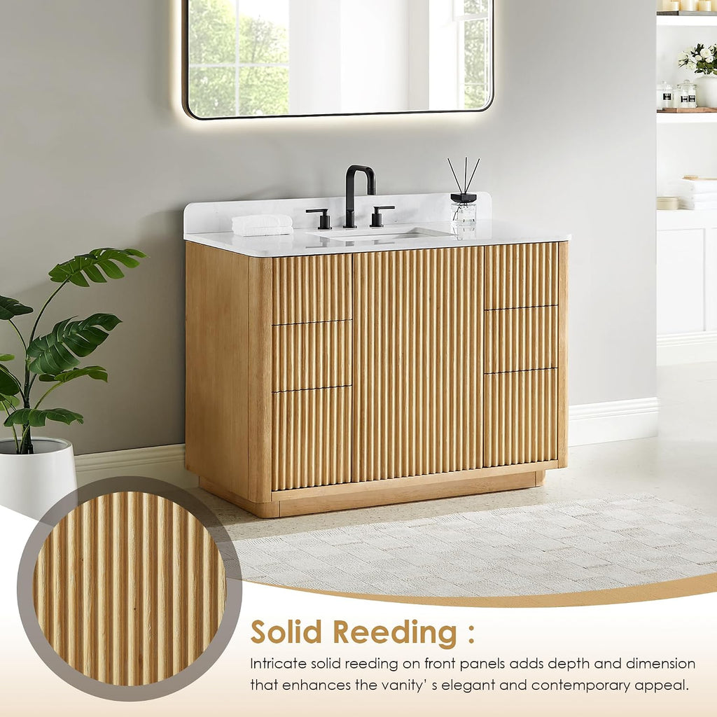 ALTAIR 48 Inch Bathroom Vanity with Sink Mordern Pedestal Single Vanities Light Brown Large Storge Cabinet with Backsplash Ceramic Countertop Pre-Assembled Bath Fixtures Farmhouse