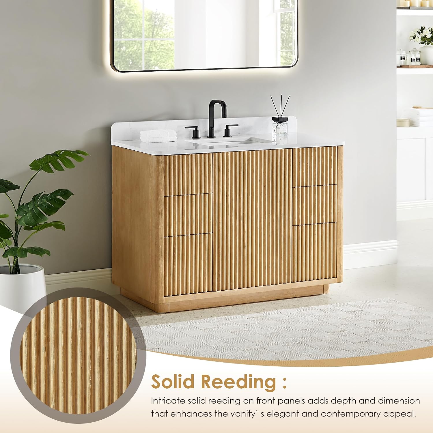 ALTAIR 48 Inch Bathroom Vanity with Sink Mordern Pedestal Single Vanities Light Brown Large Storge Cabinet with Backsplash Ceramic Countertop Pre-Assembled Bath Fixtures Farmhouse