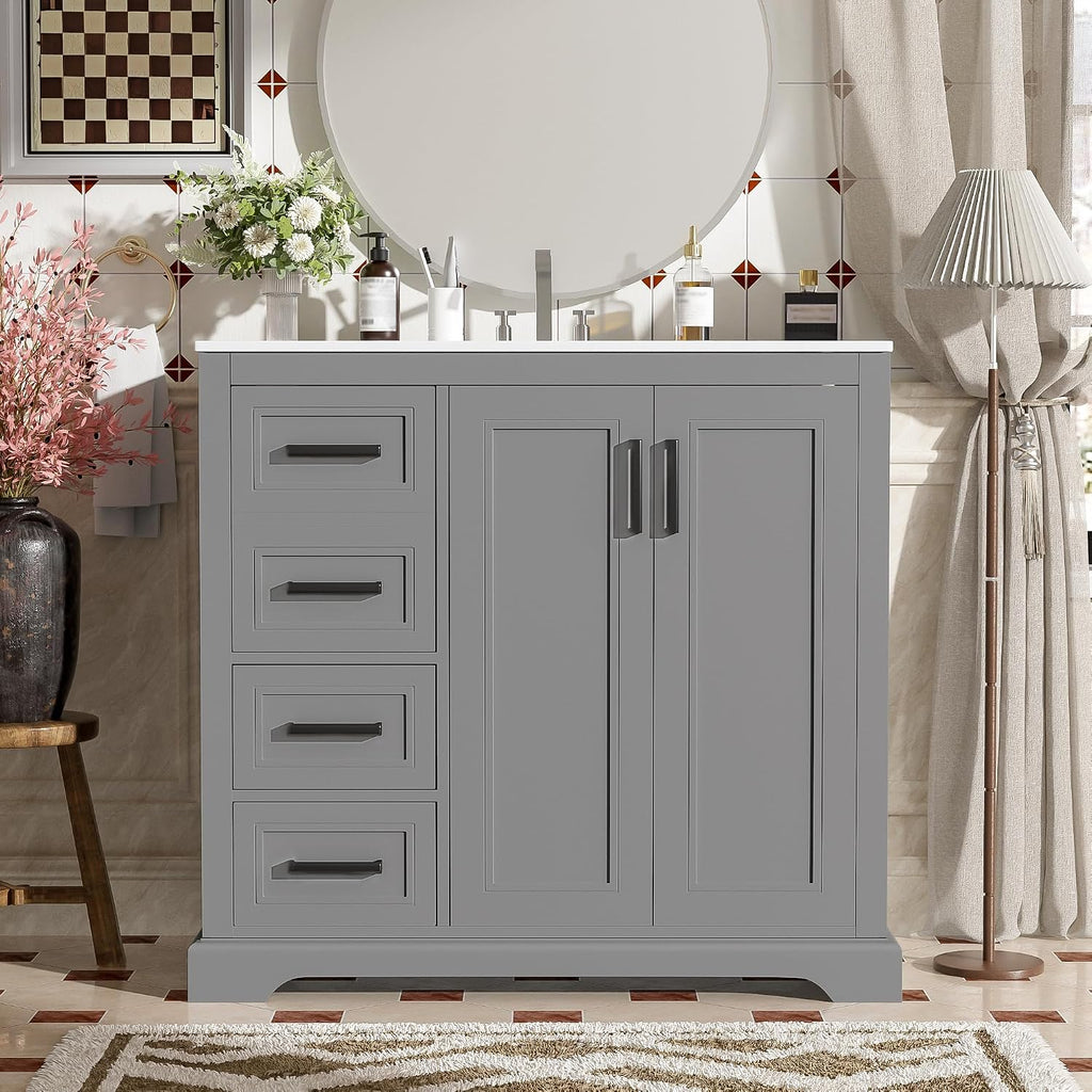 Merax 36' Bathroom Vanity with Ceramic Sink Combo, Freestanding Minimalist Vanities Cabinet & Large Adjustable Shelf and 3 Storage Drawers, Soft Closing Doors, Solid Wood Frame, Gray