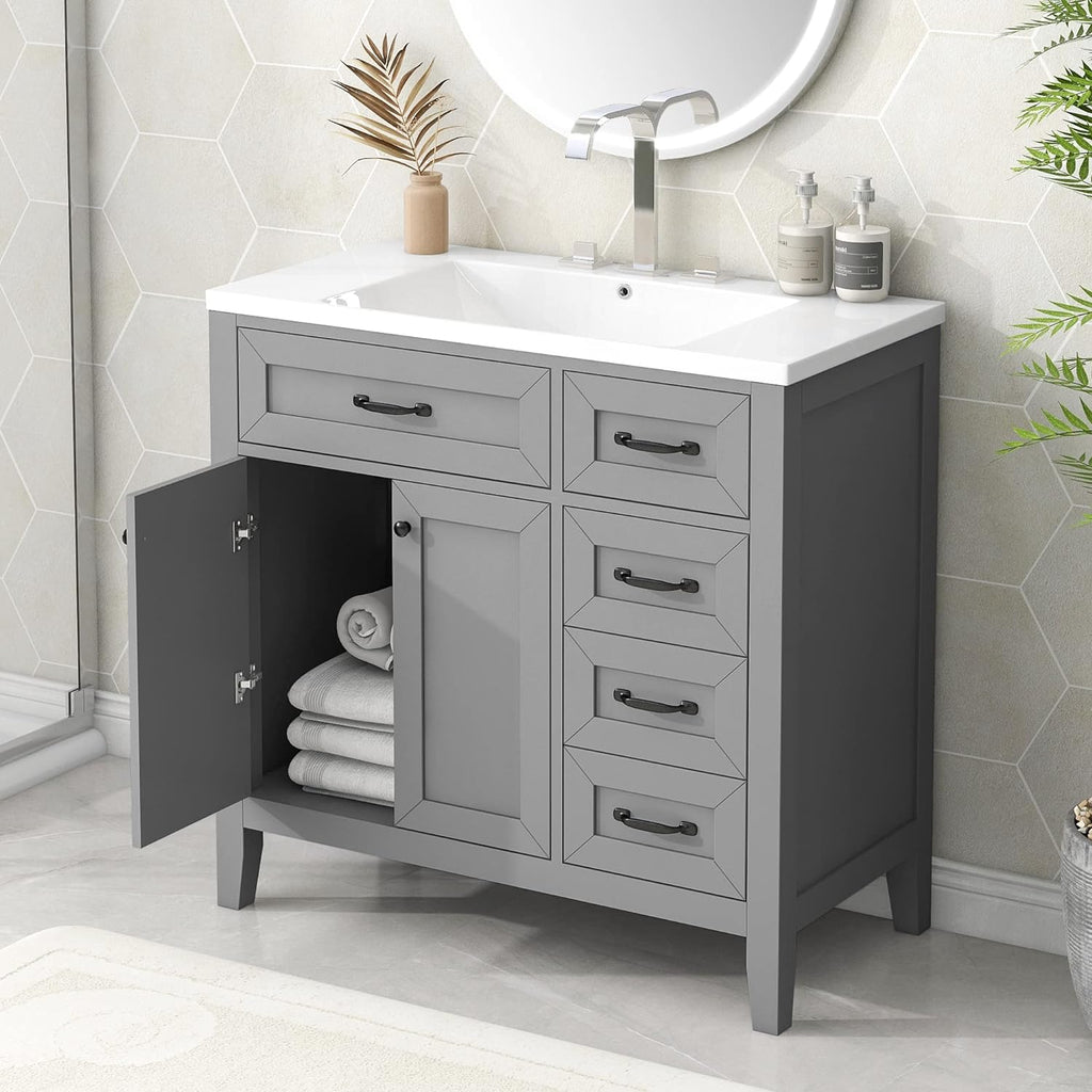 36' Bathroom Vanity with Sink, Bathrooms Vanity witn Top, 36 Inch Vanity and Sink Bathroom Vanity with Countertop, 3 Drawers and 2 Doors for Bathroom No Mirror (Grey)