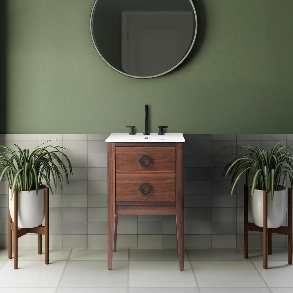 JONATHAN Y Corbin 20 in. W x 18 in. D x 33 in. H Modern 1-Drawer Freestanding Bathroom Vanity Base Only with Black Handles, Walnut (Sink Basin Not Included) VAN2000B