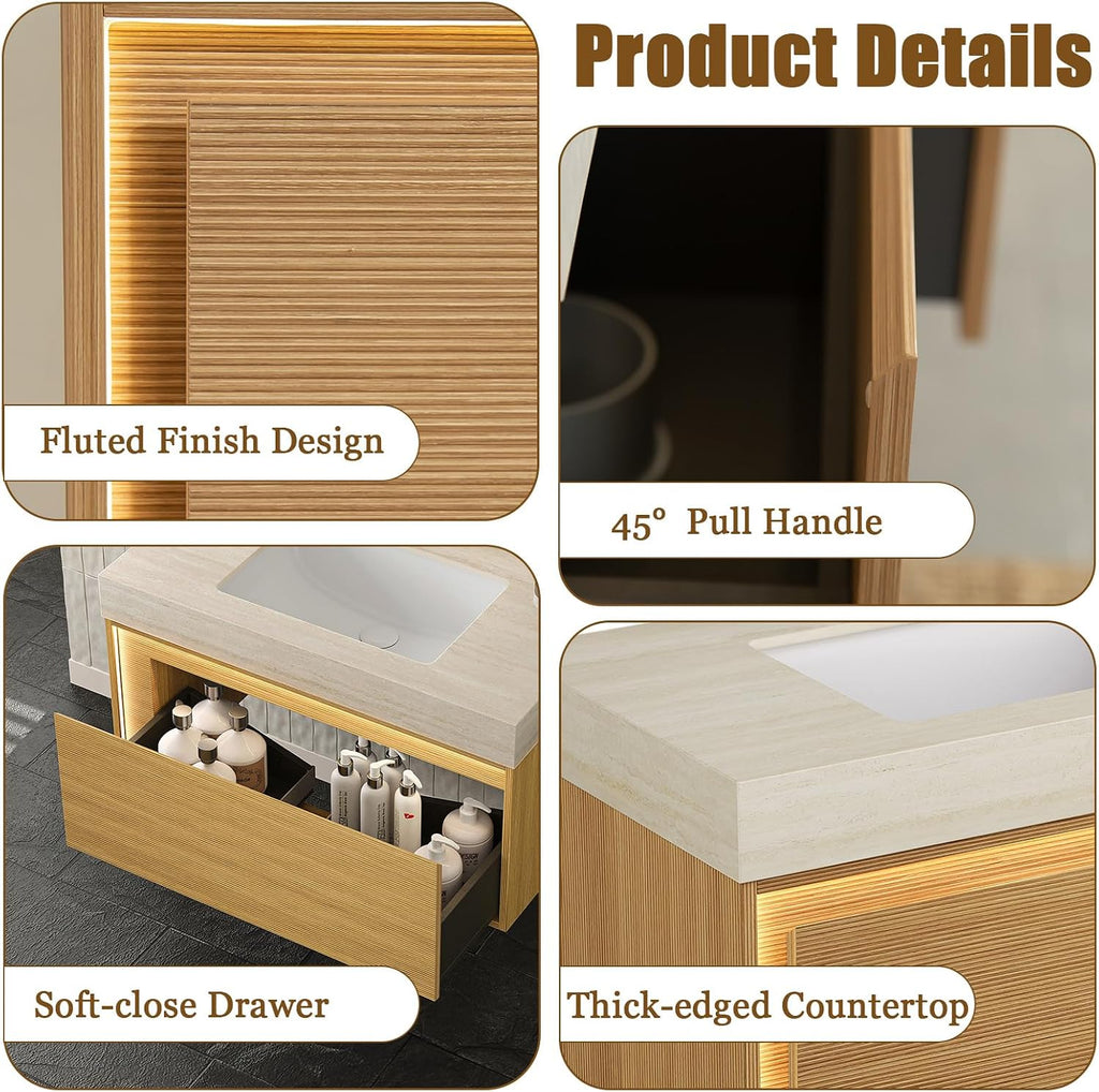 Eleshine 36' Floating Bathroom Vanity with Single Sink, Fluted Cabinet, Sensor LED Light, Roma Travertine Countertop, Light Oak, Pre-Assembled