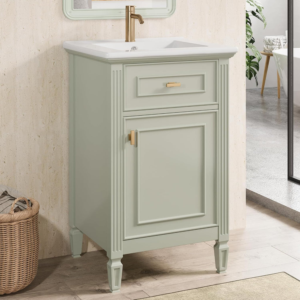 20'' Bathroom Vanity with Sink, Freestanding Storage Cabinet with Tilt-Out Drawer, Adjustable Shelf and Solid Wood Legs for Small Bathroom (Green-4.10)