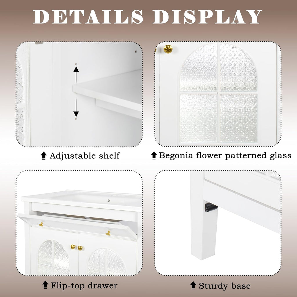 36 inch Bathroom Vanity with Sink Combo, Mid Century Modern Freestanding Bathroom Cabinet with Integrated Ceramic Sink, Flip Top Drawer, Flower Patterned Glass Doors, Adjustable Shelves, White