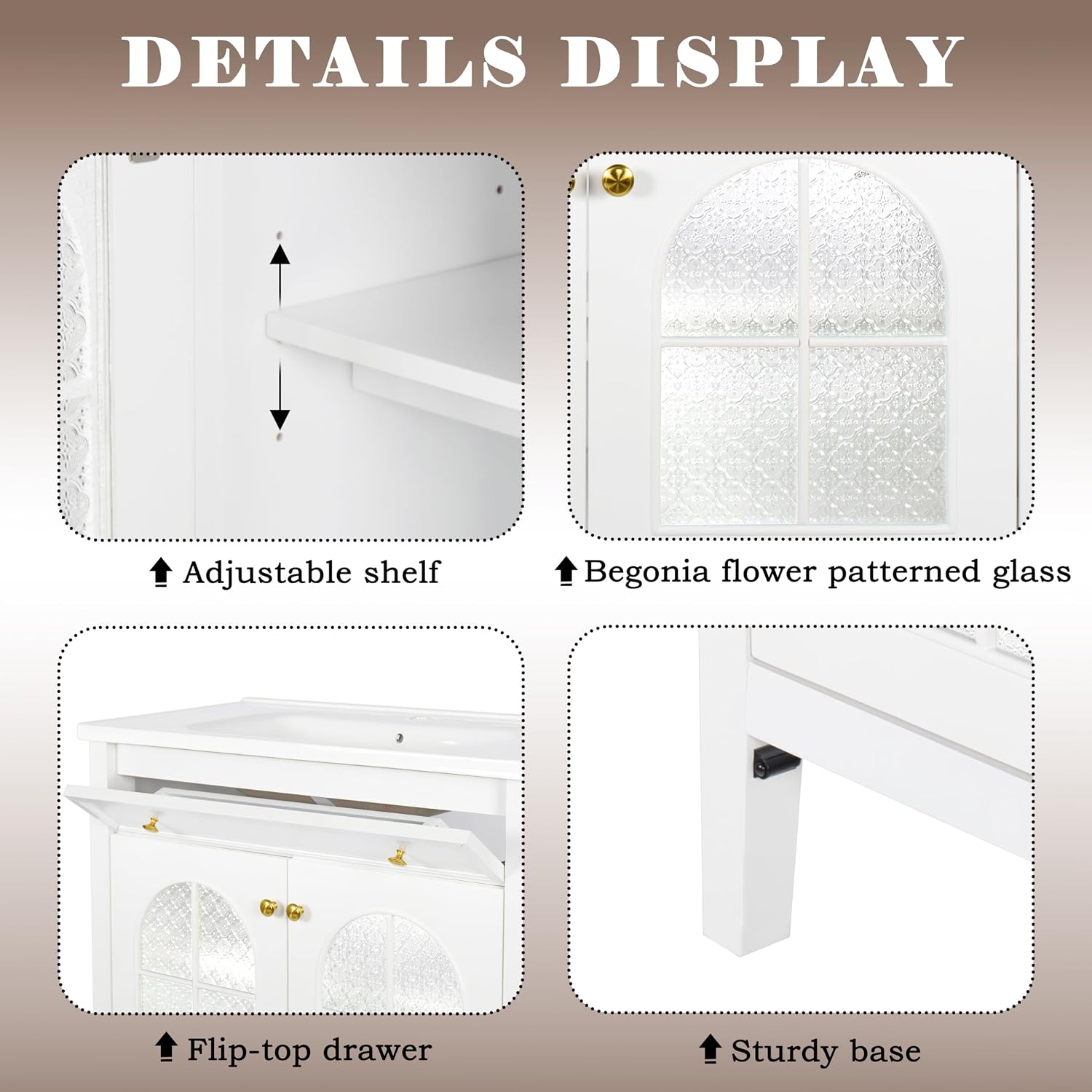 36 inch Bathroom Vanity with Sink Combo, Mid Century Modern Freestanding Bathroom Cabinet with Integrated Ceramic Sink, Flip Top Drawer, Flower Patterned Glass Doors, Adjustable Shelves, White