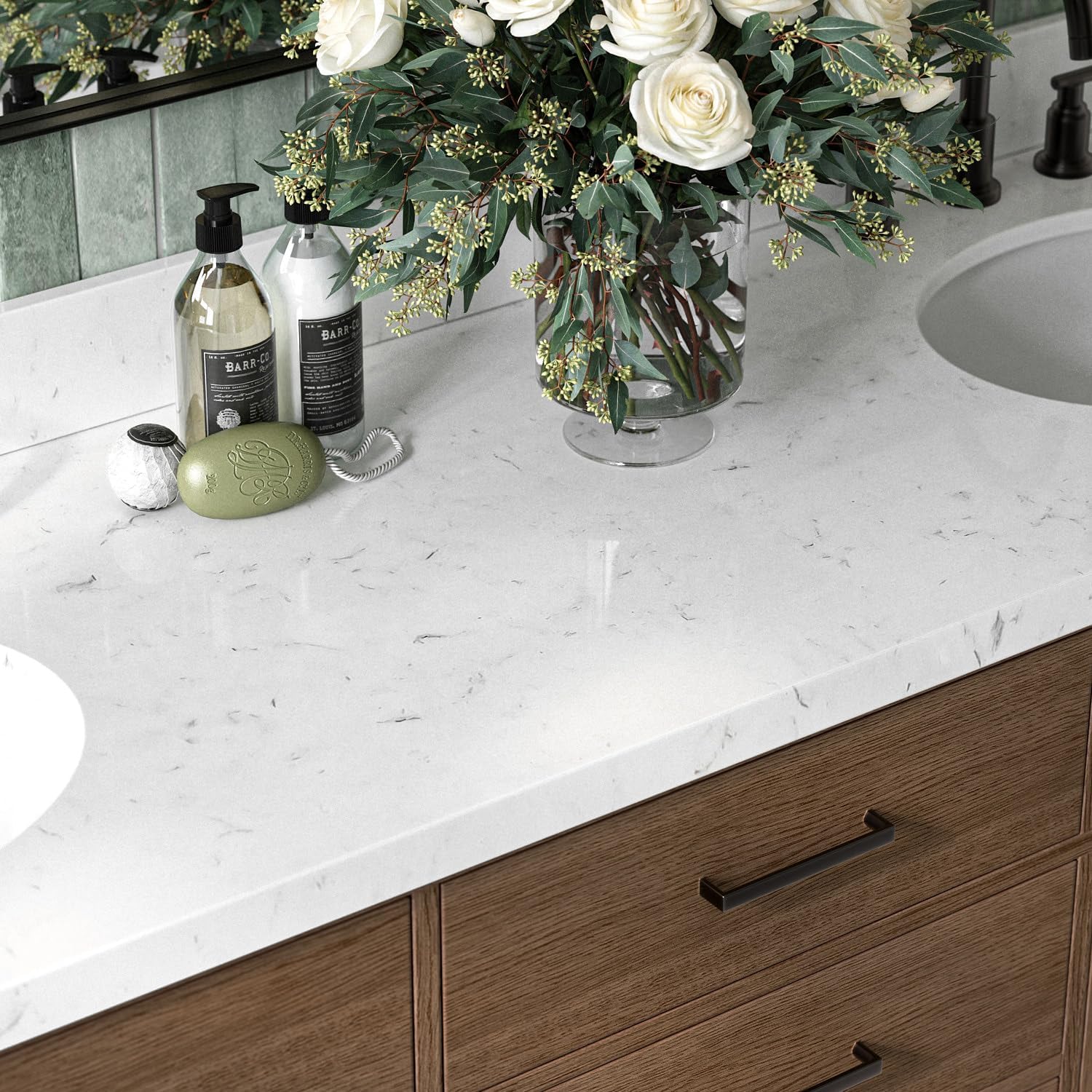 ARIEL Hepburn 72-inch Bathroom Vanity with Sink,Solid Wood, 1.5-inch Carrara White Quartz Countertop & Backsplash, Double Oval Porcelain Sink, 4 Soft Closing Doors, 6 Dovetail Drawers, Brown Oak
