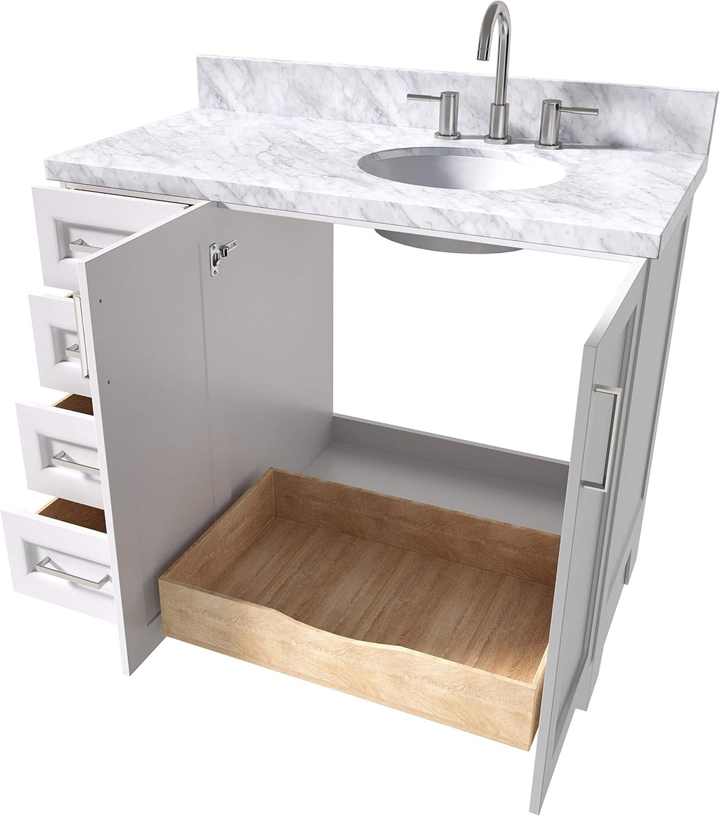 ARIEL Taylor 42-inch Bathroom Vanity with Sink,Solid Wood, 1.5-inch Italian Carrara Marble Countertop & Backsplash, Single Oval Porcelain Sink, 2 Soft Closing Doors, 5 Dovetail Drawers, White