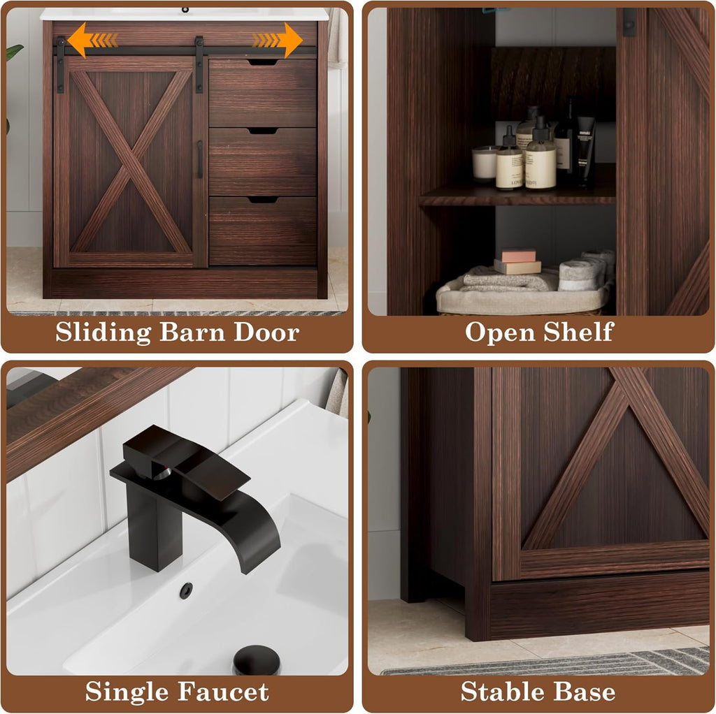 chartustriable 36 Inch Bathroom Vanity with Sink & Faucet & Mirror, Farmhouse Bathroom Vanity Cabinet Set with Sliding Barn Door & Drawers, Small Single Bath Storage Vanity Sink, Brown