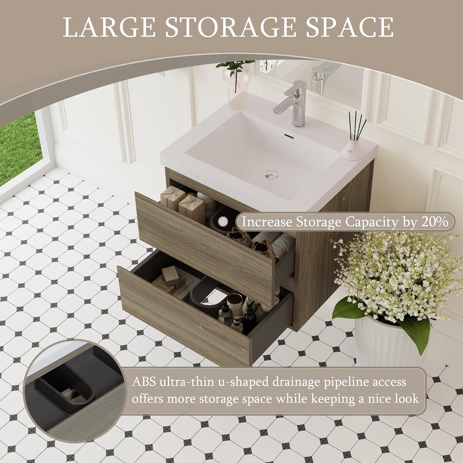 24' Floating Bathroom Vanity with Sink, Modern Wall-Mounted Bathroom Storage Vanity Cabinet with Resin Top Basin and Soft Close Drawers, Ash Grey