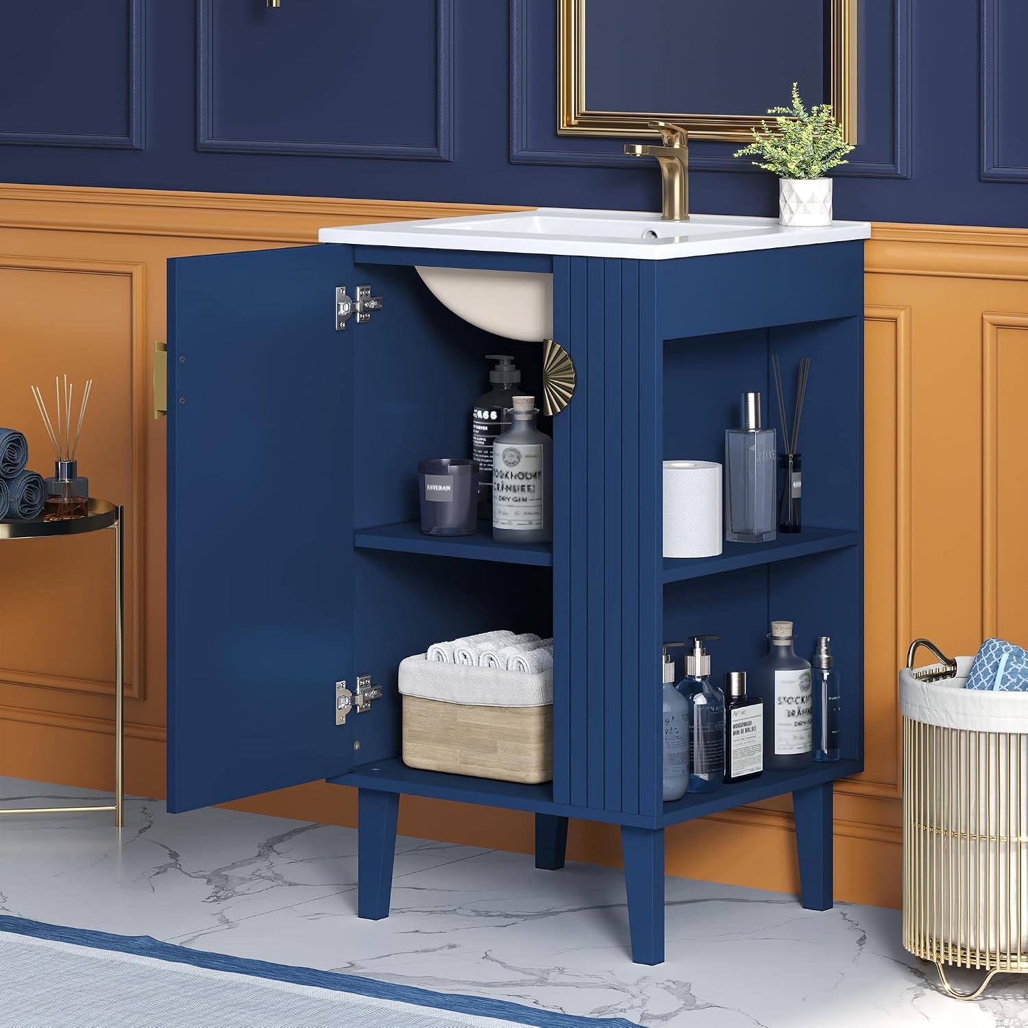 VilroCaz Modern 20'' Bathroom Vanity with Top Ceramic Sink, Freestanding Single Vanity Set Bathroom Storage Cabinet with Soft Closing Door, Chic Half-Moon Pulls (Blue-10.16)