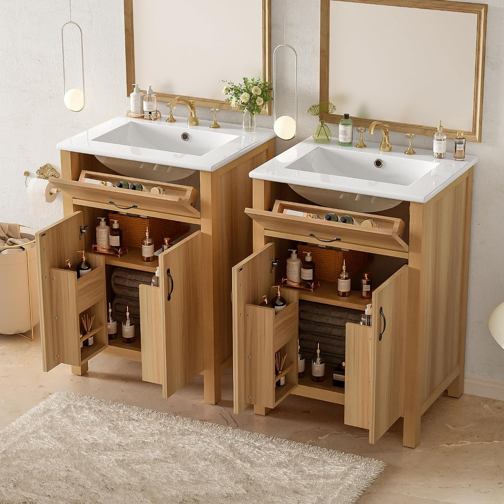 Harper & Bright Designs 48' Bathroom Vanity Set with Double Sink, Free Standing Single Basin Vanity with Tip-Out Drawer & Adjustable Shelf, Wood Storage Cabinet with Ceramic Basin for Bathroom, Wood