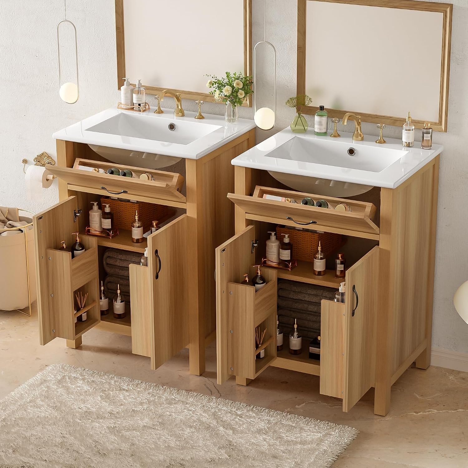 Harper & Bright Designs 48' Bathroom Vanity Set with Double Sink, Free Standing Single Basin Vanity with Tip-Out Drawer & Adjustable Shelf, Wood Storage Cabinet with Ceramic Basin for Bathroom, Wood