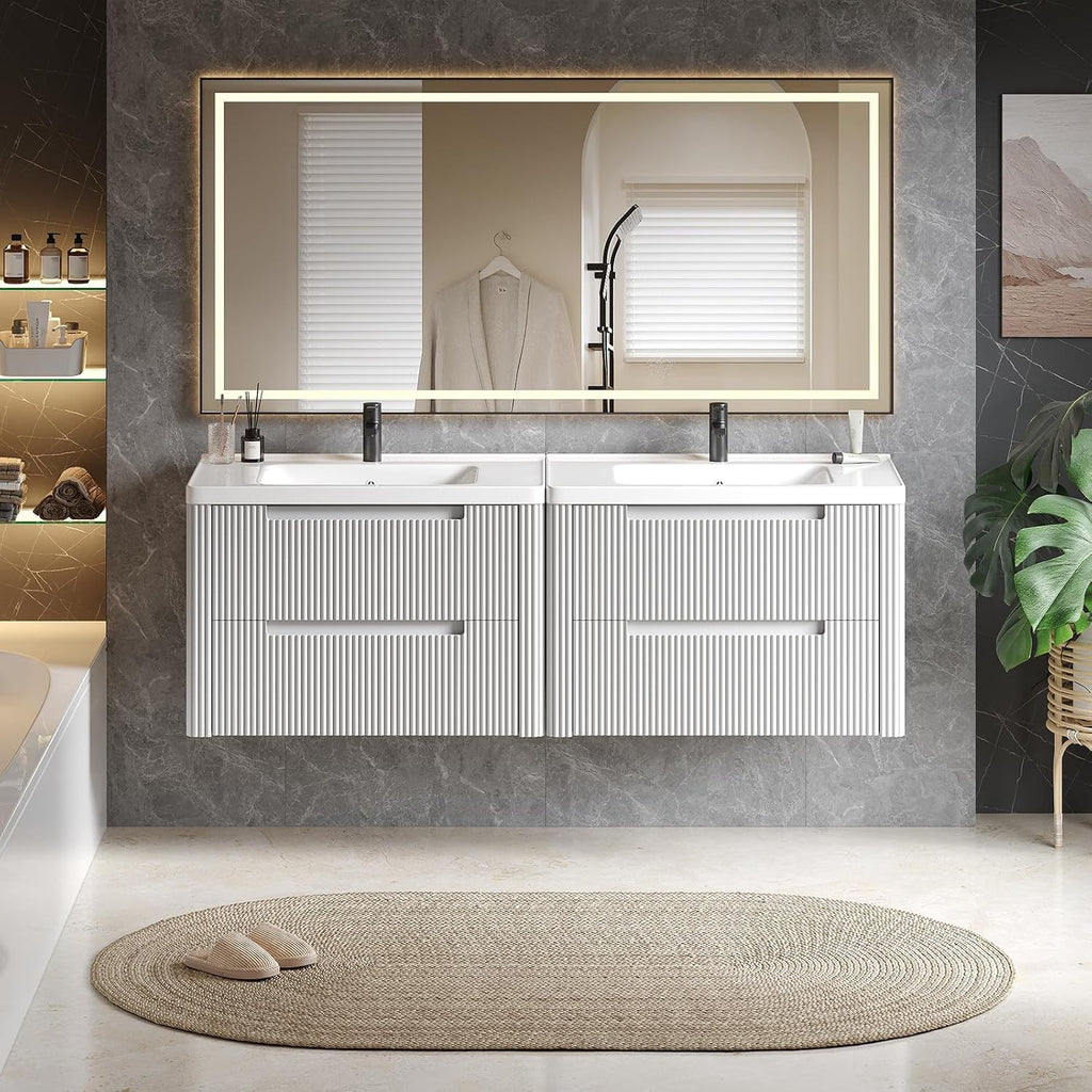 ONBRILL Modern Bathroom Vanity with Sink Combo, Curved Floating Bath Vanity with 2 Drawers, Wall Mount Bathroom Vanities with Integrated Ceramic Sink for Small Space, Apartment (White, 32')
