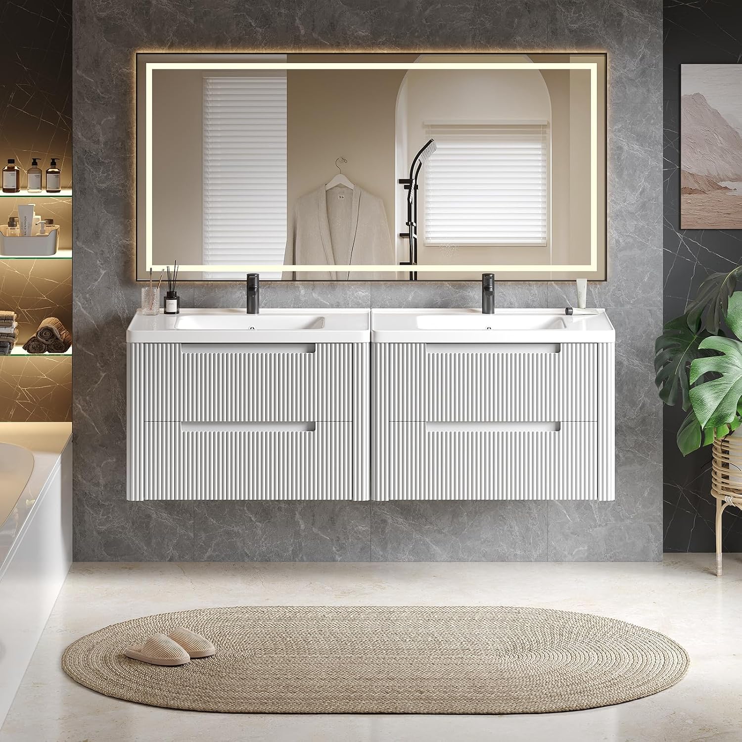 ONBRILL Modern Bathroom Vanity with Sink Combo, Curved Floating Bath Vanity with 2 Drawers, Wall Mount Bathroom Vanities with Integrated Ceramic Sink for Small Space, Apartment (White, 32')