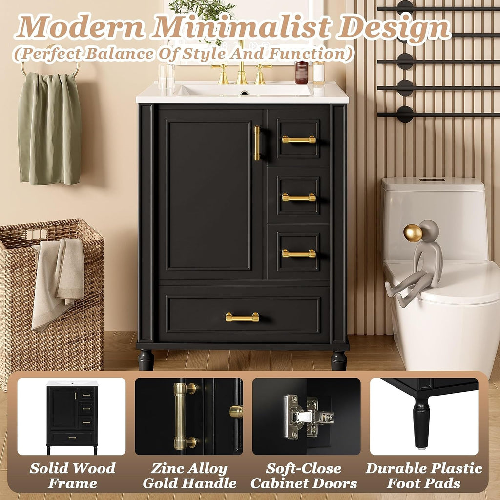 Harper & Bright Designs 24' Bathroom Vanity with Sink, Free-Standing Vanity Set with 3 Drawers in Different Sizes, Door-Mounted Rack, Wood Bathroom Cabinet with Ceramic Basin for Bathroom, Black