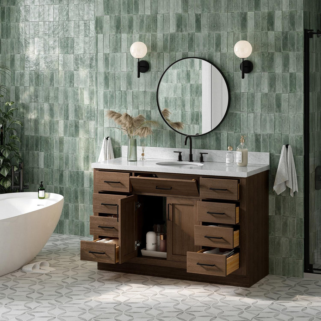 ARIEL Hepburn 54-inch Bathroom Vanity with Sink,Solid Wood, 1.5-inch Italian Carrara Marble Countertop & Backsplash, Single Oval Porcelain Sink, 2 Soft Closing Doors, 9 Dovetail Drawers, Brown Oak