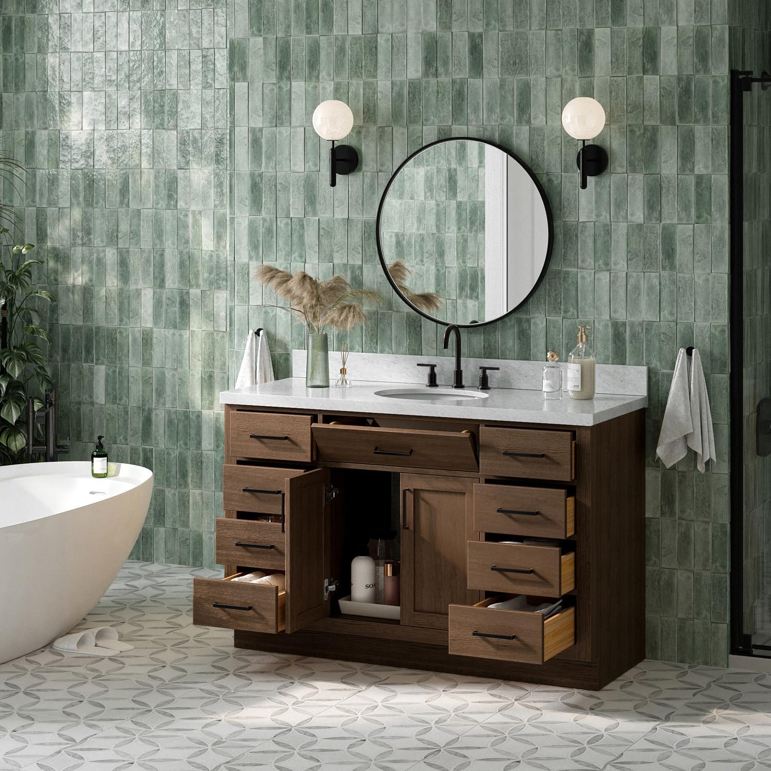 ARIEL Hepburn 54-inch Bathroom Vanity with Sink,Solid Wood, 1.5-inch Italian Carrara Marble Countertop & Backsplash, Single Oval Porcelain Sink, 2 Soft Closing Doors, 9 Dovetail Drawers, Brown Oak