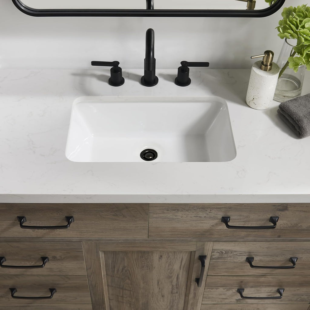 Mia Brown Grey Oak Wood 48-Inch Single Bathroom Vanity with Sink, Shaker Door Cabinet with Shelf, Drawers, Matte Black Handles, Pre-Drilled Marbled White Stone Top, Freestanding, Fully Assembled