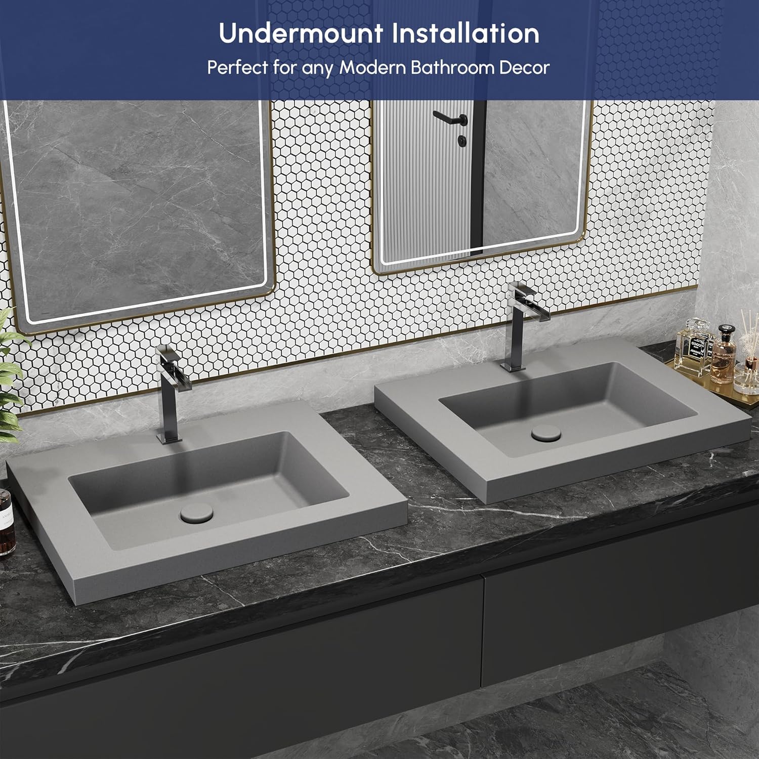 Semi Recessed Bathroom Sink, 23.4 Inch Rectangular Bathroom Vessel Sink, Drop-In Countertop Basin with Single Faucet Hole, Center Drain Assembly for Modern Vanity Cabinet, Gray