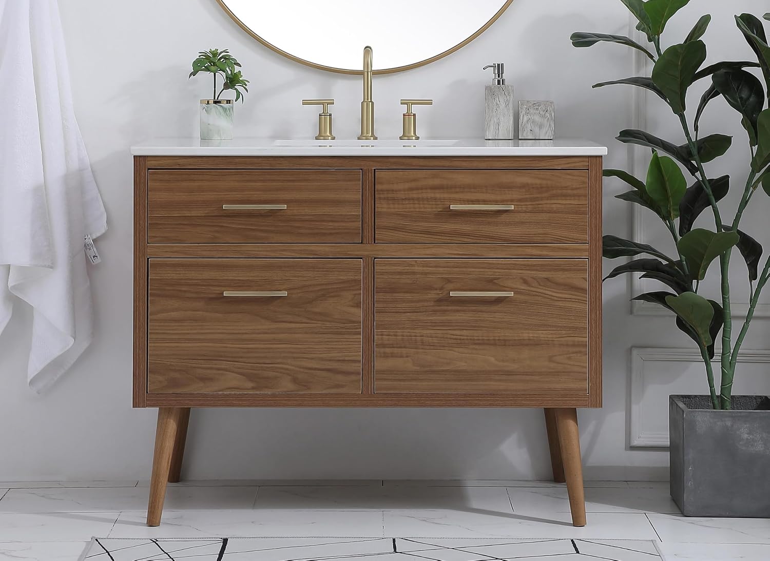 42' Pre-Assembled Bathroom Vanity with Sink, Engineered Wood, Ivory White Engineered Marble Countertop Attached, Single Rectangle Porcelain Sink, 2 Soft-Close Drawers, Walnut Brown