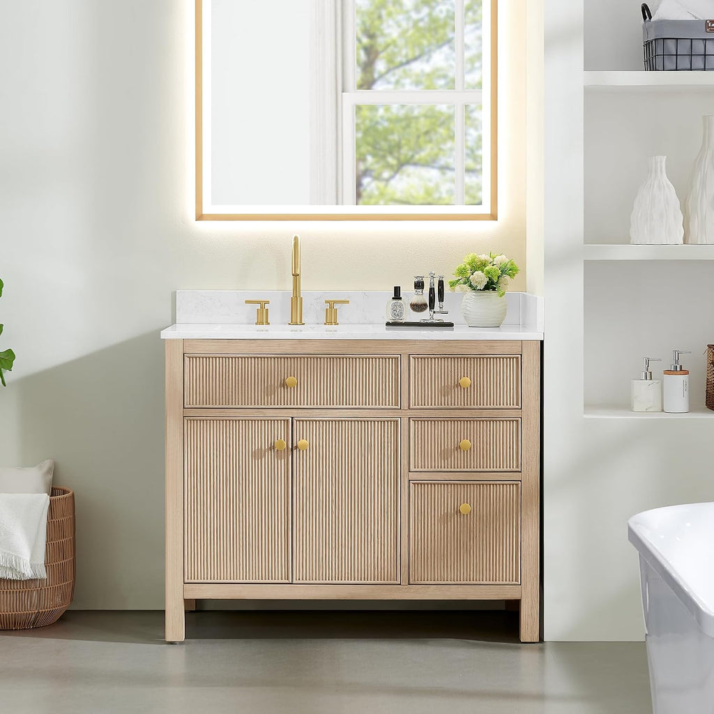 Cerrito 42' Wood Vanity in Natural Oak Grain Engineered Stone Top no Mirror