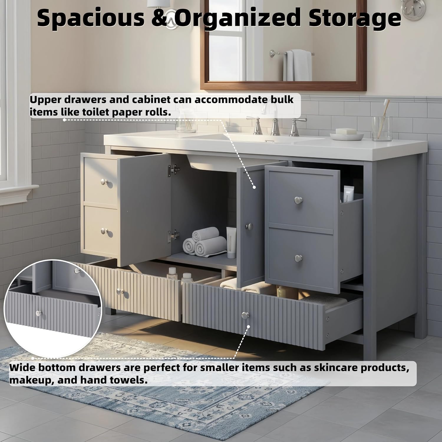 Merax 60 Inch Bathroom Vanity with Sink, Modern Freestanding Storage Cabinet with Soft Close Doors and 4 Drawers, Large Bathroom Furniture, Engineered Marble Top, Grey