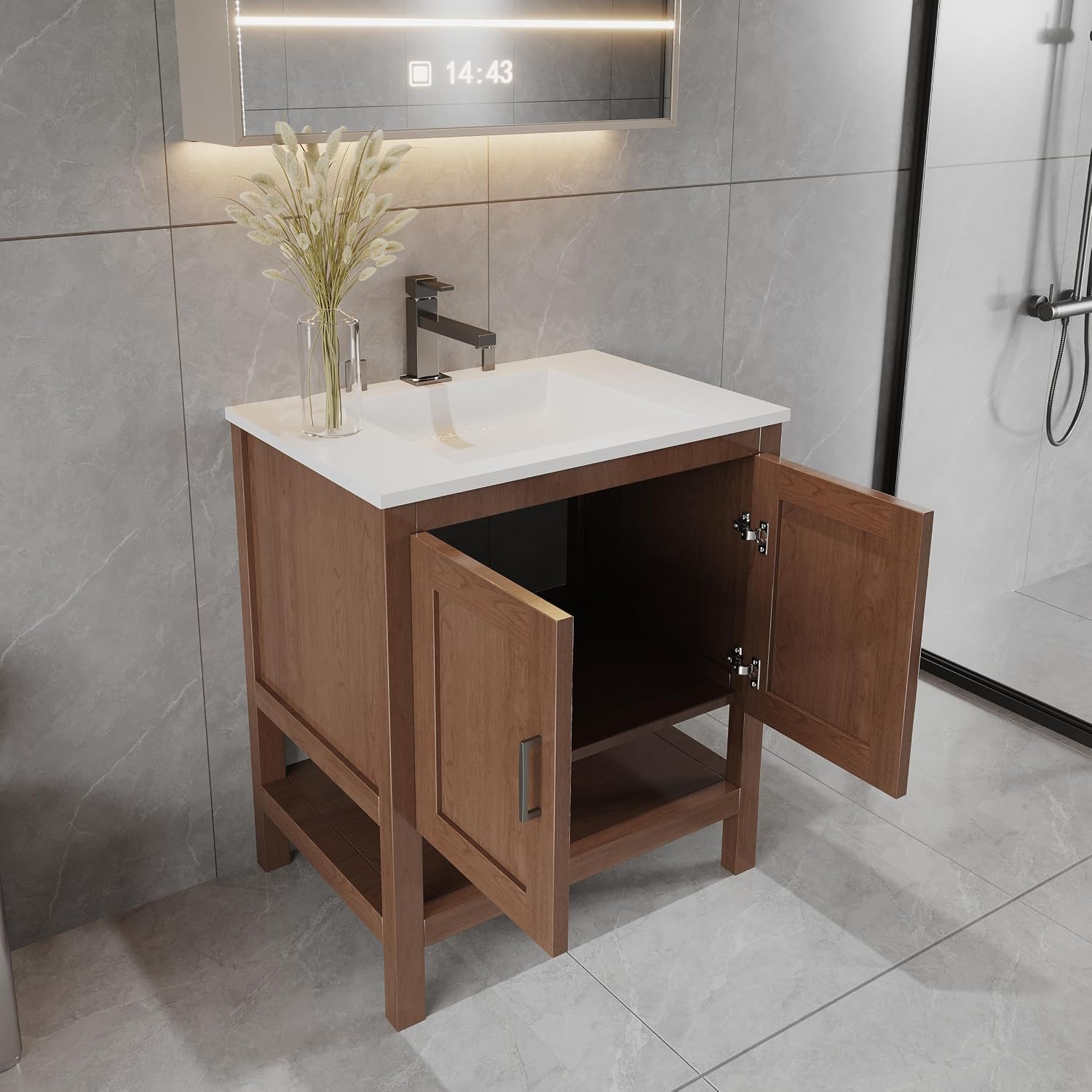 30' Bathroom Vanity Base – Freestanding Solid Wood Cabinet with Open Shelf, Soft-Close Doors, Natural Wood Finish, Sink Base Cabinet Only (No Top)