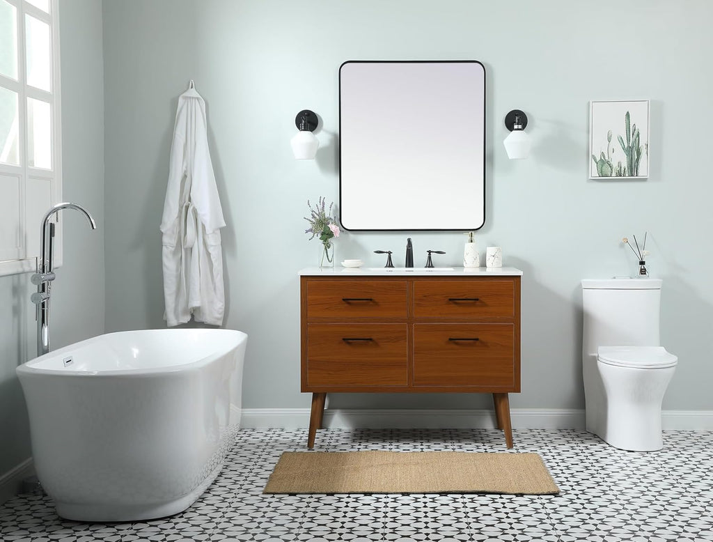 42' Pre-Assembled Bathroom Vanity with Sink, Engineered Wood, Ivory White Engineered Marble Countertop Attached, Single Rectangle Porcelain Sink, 2 Soft-Close Drawers, Teak