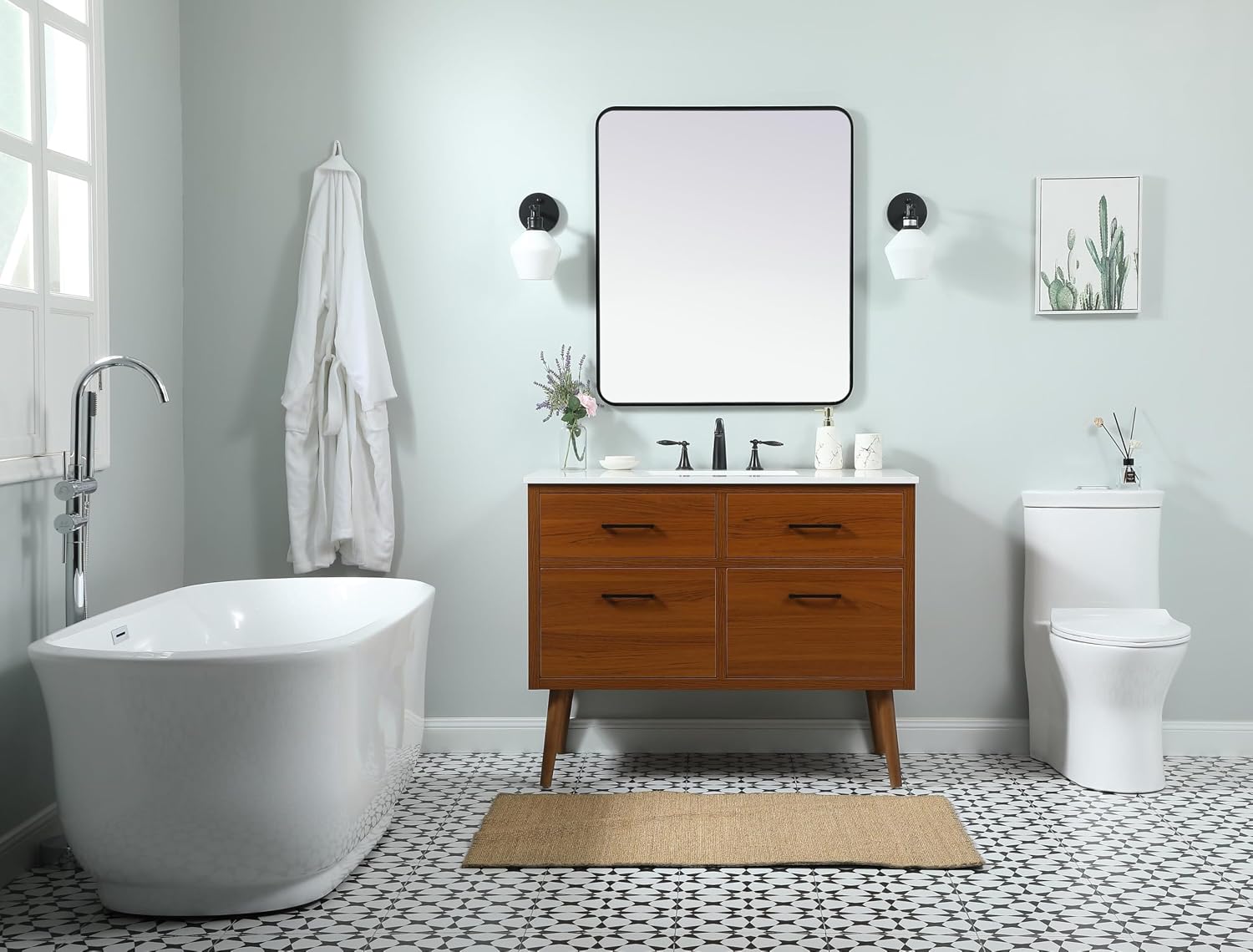 42' Pre-Assembled Bathroom Vanity with Sink, Engineered Wood, Ivory White Engineered Marble Countertop Attached, Single Rectangle Porcelain Sink, 2 Soft-Close Drawers, Teak