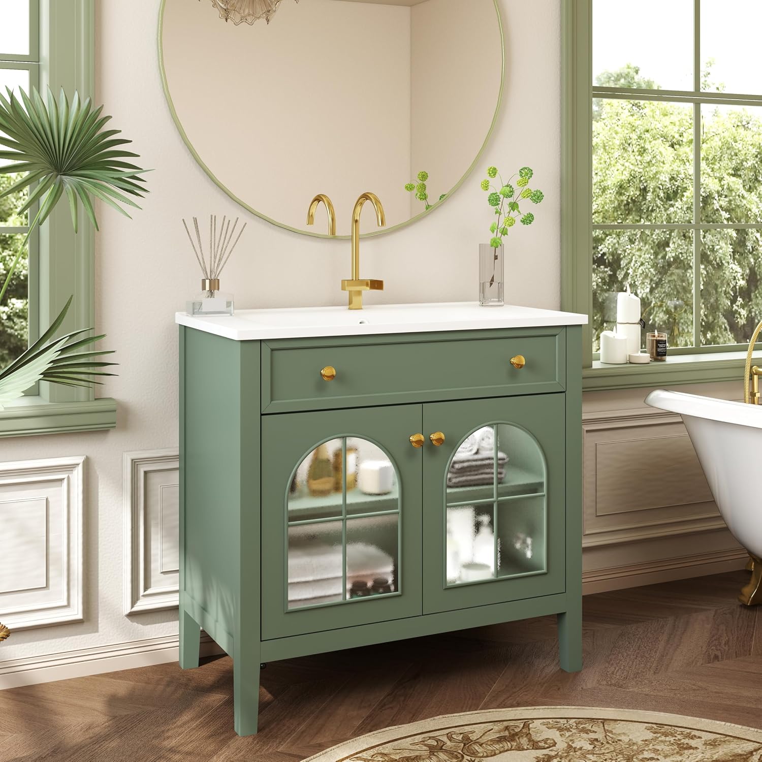 36 inch Bathroom Vanity with Sink Combo, Mid Century Modern Freestanding Bathroom Cabinet with Integrated Ceramic Sink, Flip Top Drawer, Flower Patterned Glass Doors, Adjustable Shelves, Green