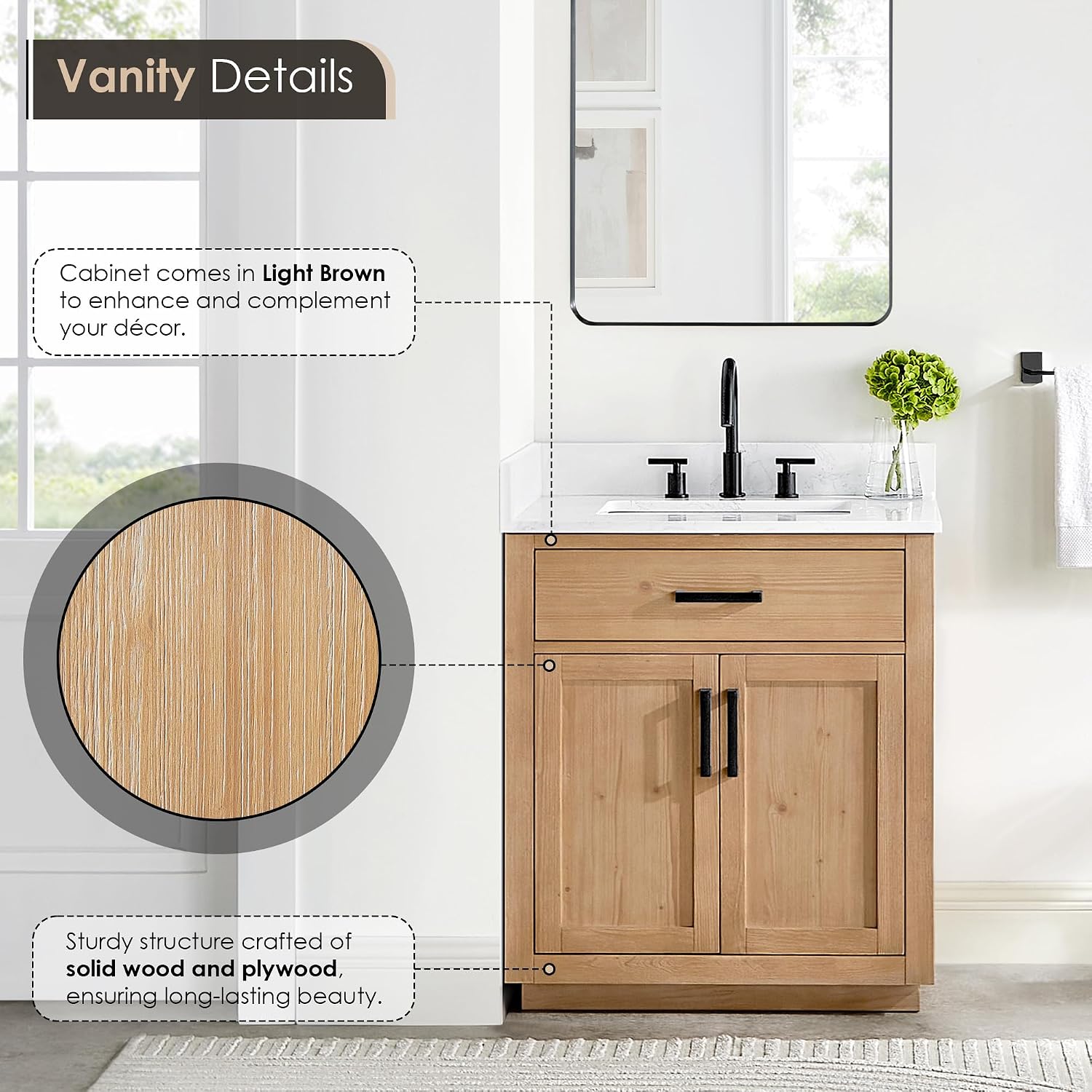 Altair Design Gavino 30' Wood Vanity in Light Brown White Engineered Stone Top no Mirror