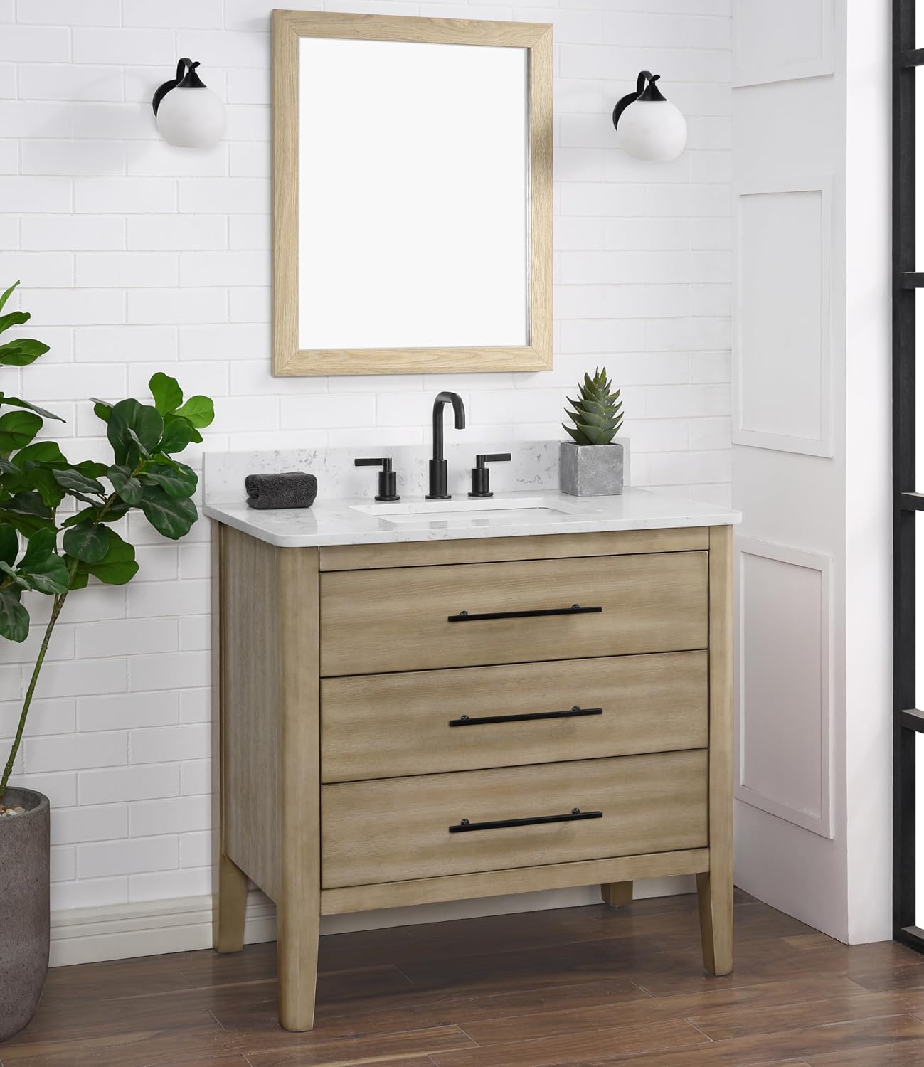 TILE & TOP Safford 36' Single Bathroom Vanity with Carrara White Quartz Top, Sink & Backsplash. 37' W x 22' D x 34.5' H. Oak Veneer. Solid Wood. Pre-Assembleb. 1 Till-Out & 2 Soft-Closing Drawers.