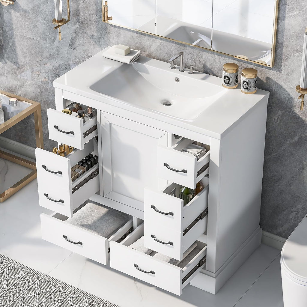 36' Bathroom Vanity with Sink, Harper & Bright Designs Free Standing Single Basin Vanity Set with 6 Drawers & One Cabinet with Adjustable Shelf, Bathroom Cabinet with Ceramic Basin for Bathroom, White