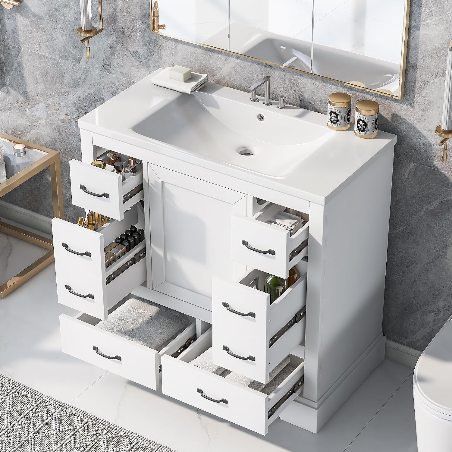36' Bathroom Vanity with Sink, Harper & Bright Designs Free Standing Single Basin Vanity Set with 6 Drawers & One Cabinet with Adjustable Shelf, Bathroom Cabinet with Ceramic Basin for Bathroom, White