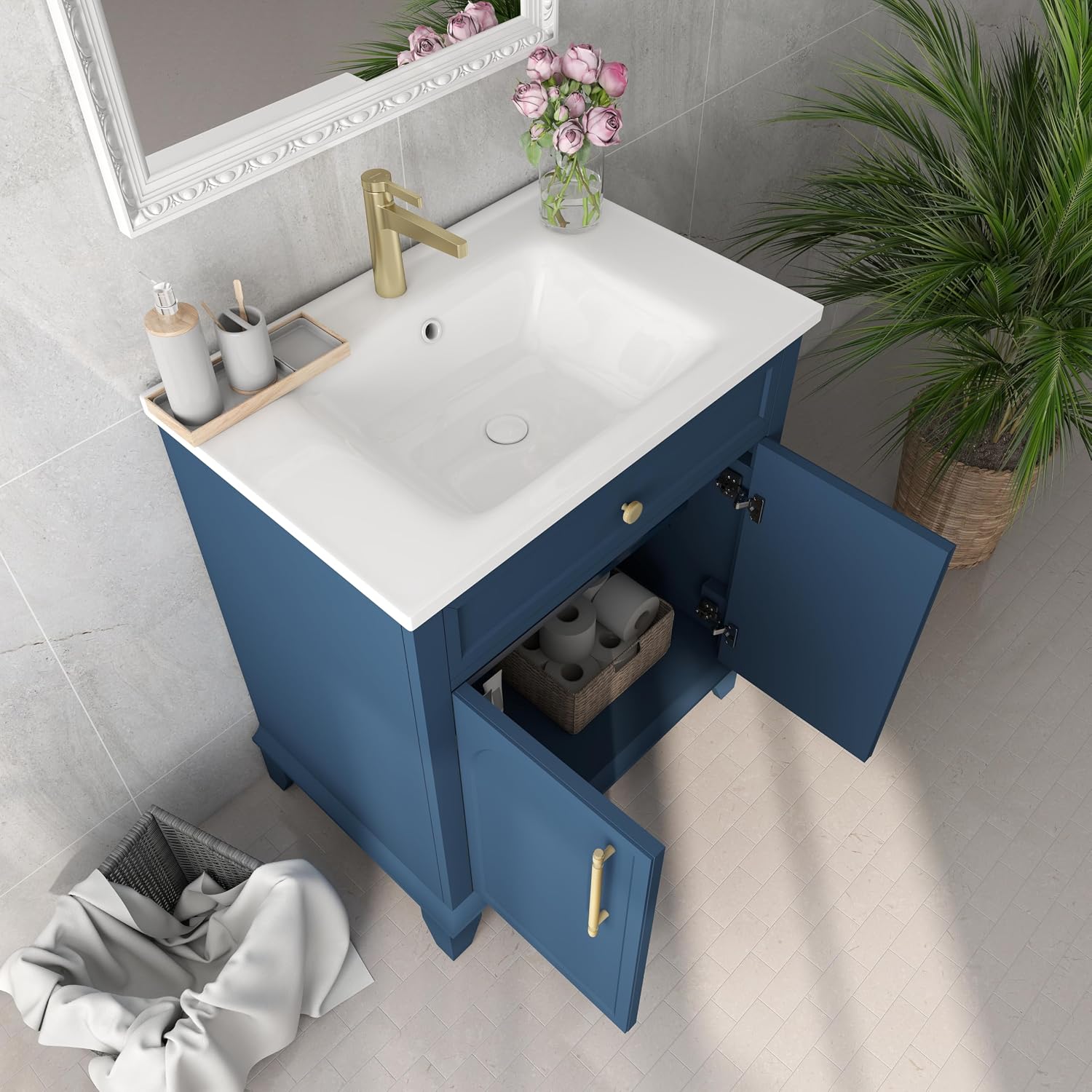 28 inch Bathroom Vanity with Sink Combo, Mid Century Modern Freestanding Bathroom Cabinet with Integrated Ceramic Sink, 2 Soft Closed Doors, Adjustable Shelves, Golden Handle, Blue