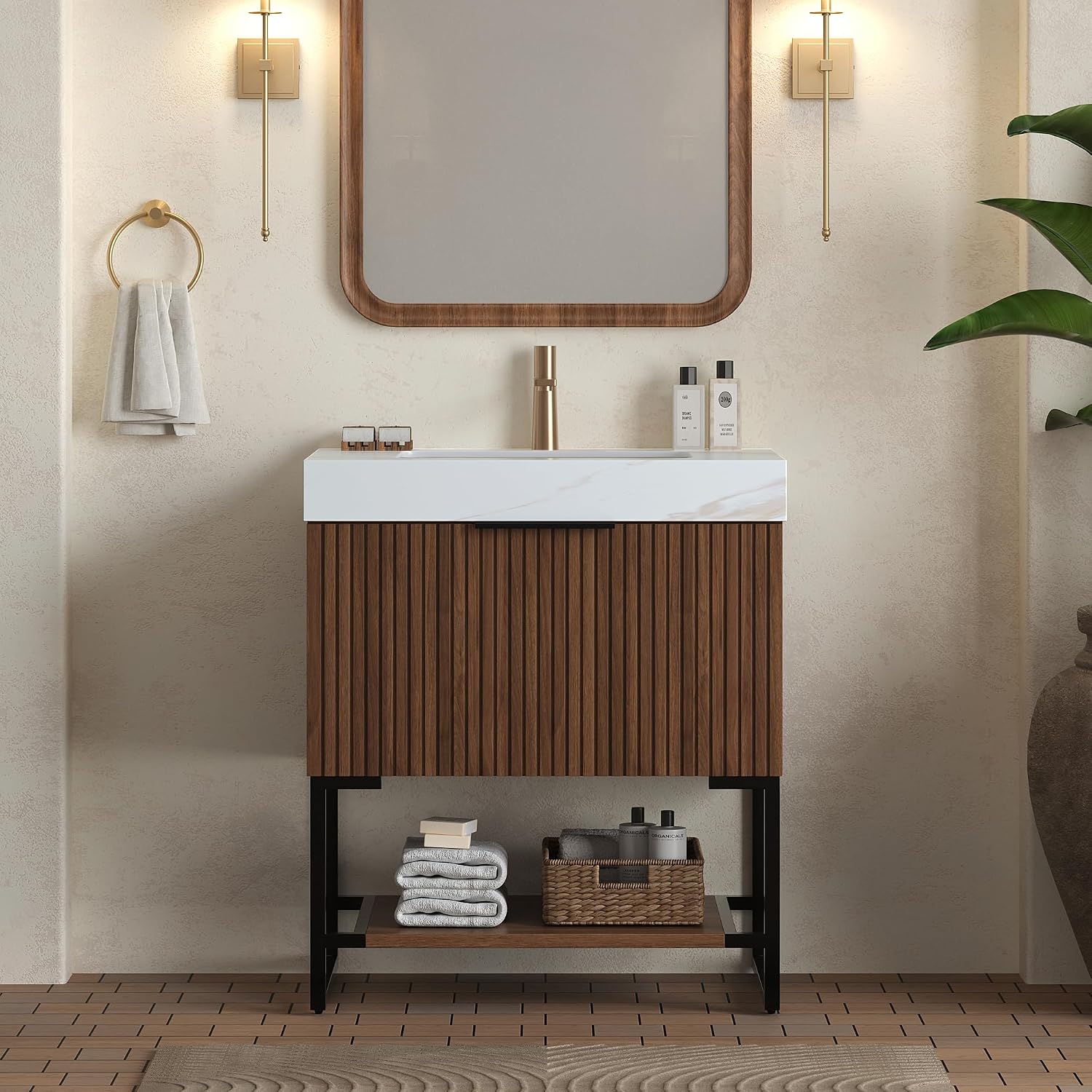 30'' Modern Bathroom Vanity with Sink, Freestanding Oak Plywood Cabinet with Rectangular Acrylic Integrated Basin, Bathroom Vanities Cabinet with Drawer and Open Shelf-Lund, Retro Walnut