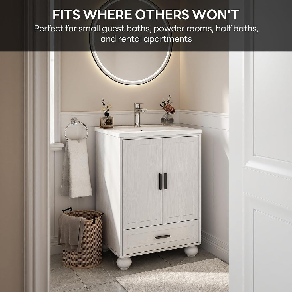 LIKIMIO 24' Bathroom Vanity with Ceramic Sink, Small Bathroom Storage Cabinet, 2 Doors 1 Drawer, 4 Solid Wood Legs, Fits 15-40 sqft Bathroom, White Freestanding Vanity Cabinet for Apartments, Rentals