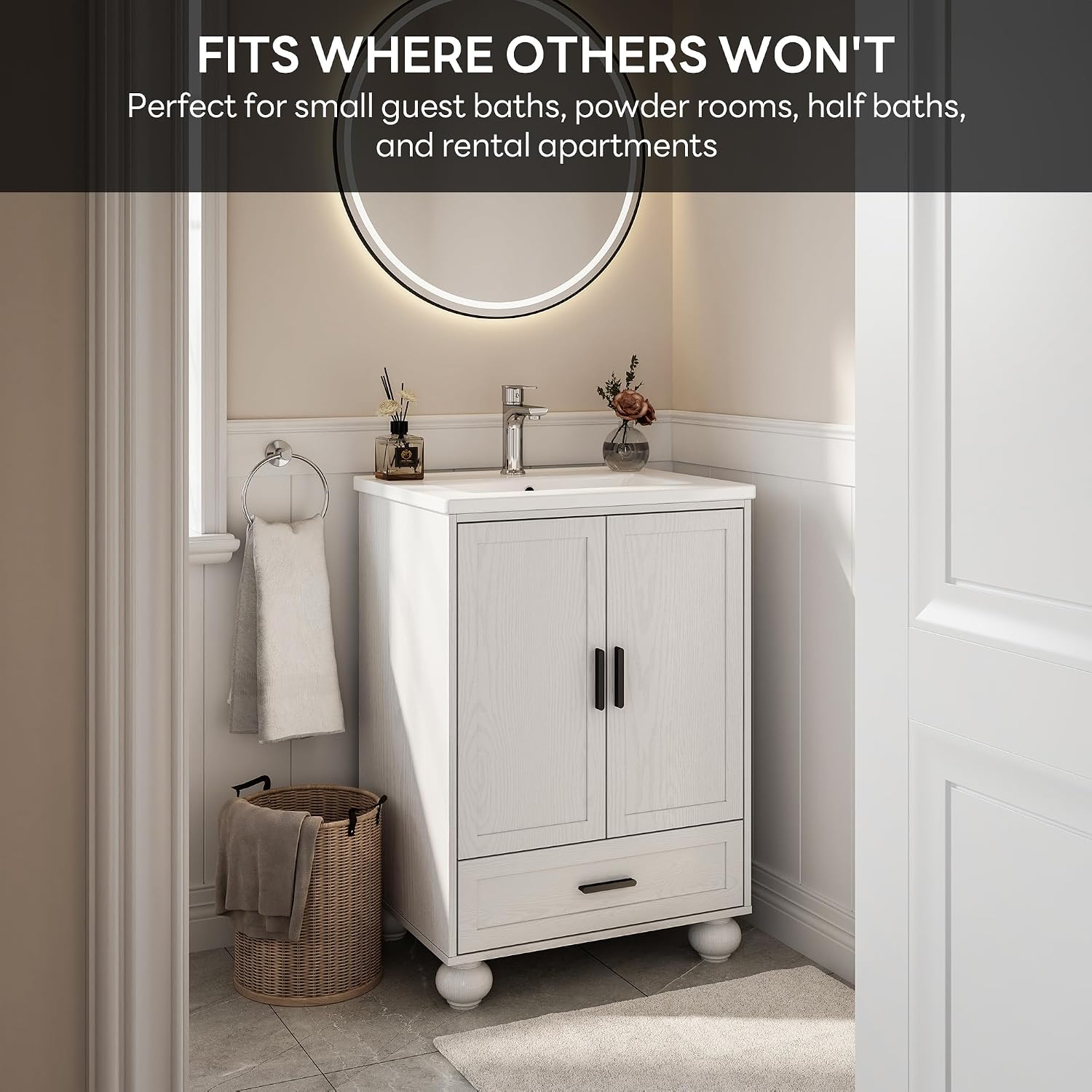 LIKIMIO 24' Bathroom Vanity with Ceramic Sink, Small Bathroom Storage Cabinet, 2 Doors 1 Drawer, 4 Solid Wood Legs, Fits 15-40 sqft Bathroom, White Freestanding Vanity Cabinet for Apartments, Rentals