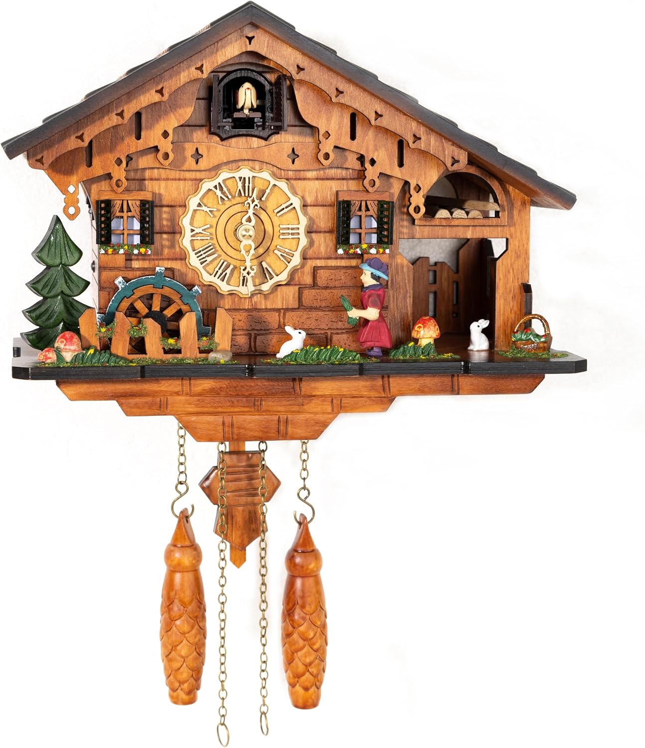 Cuckoo Clock, Black Forest Style Wooden Pendulum Quartz Wall Clock, Volume Control, Night Silent, Gift Package, Professional Service